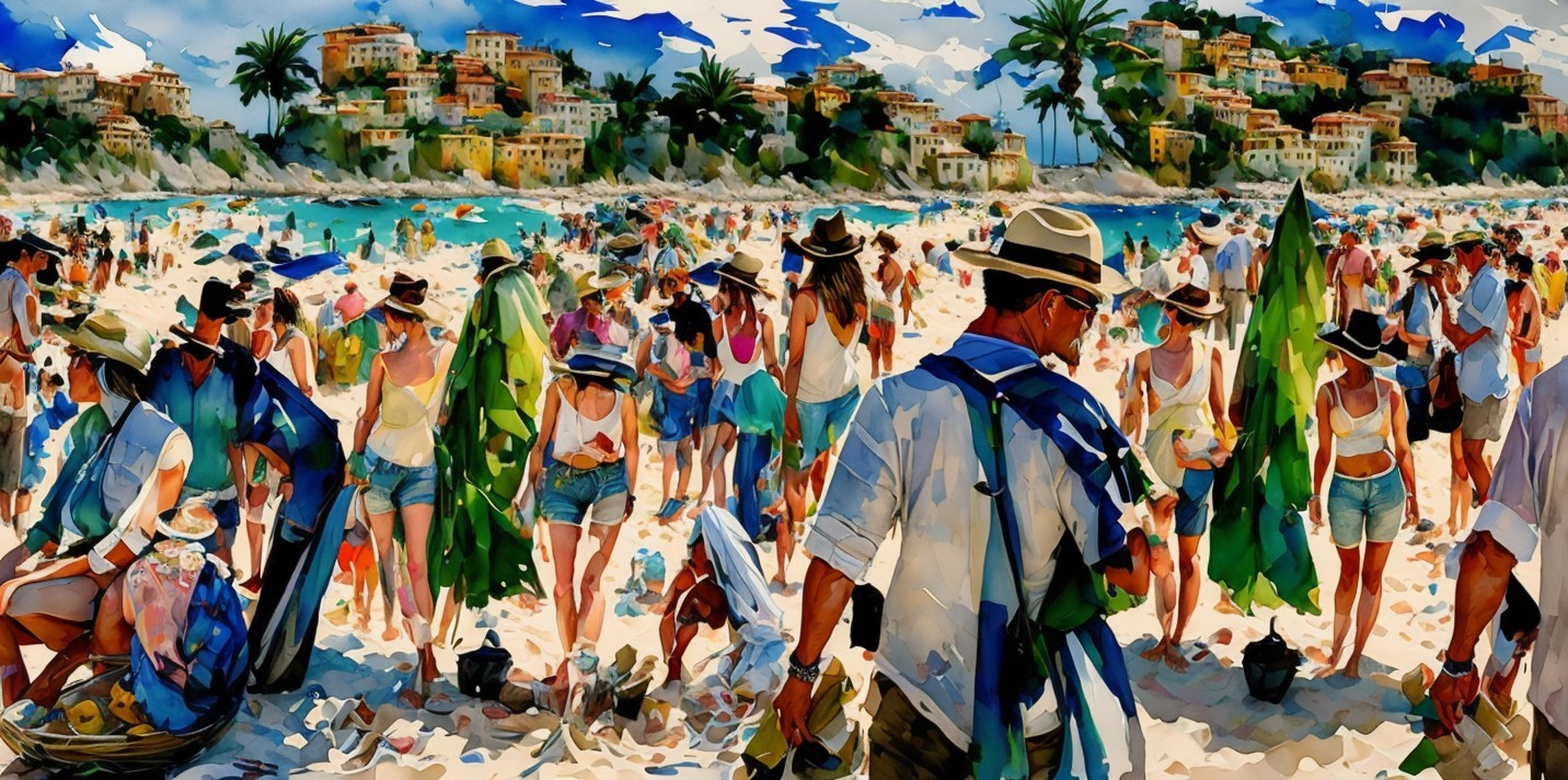 Vibrant Beach Scene with Sunbathers and Umbrellas