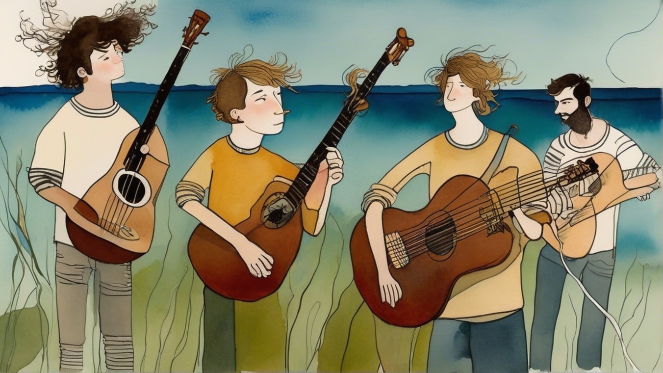 Young musicians with guitars in a green field