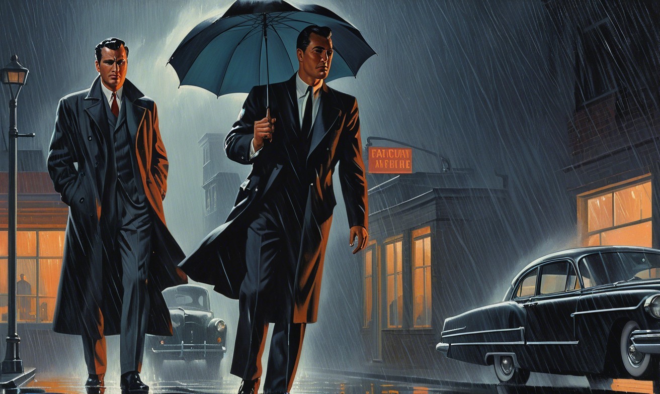 Elegant men with umbrella in rainy city street