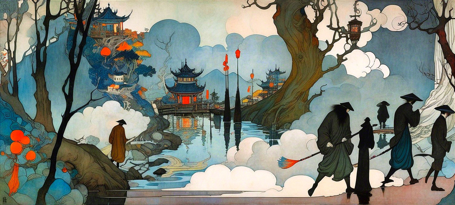 Tranquil River Landscape with Asian Architecture