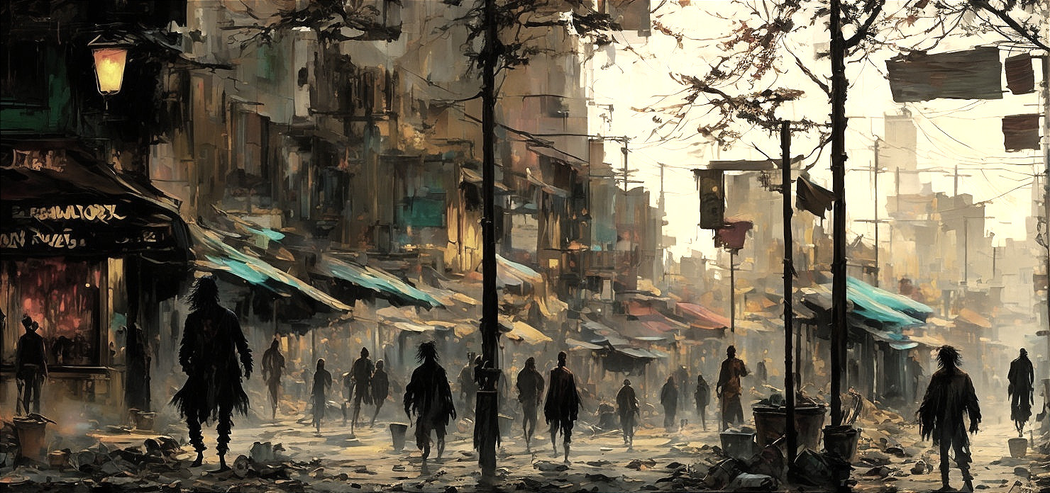 Desolate Urban Scene with Gritty Streetscape and Shadows