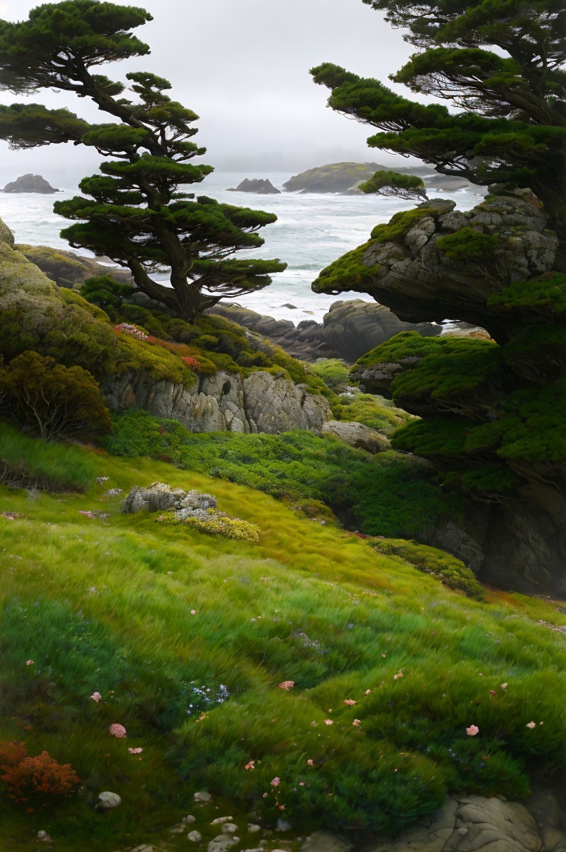 Serene Coastal Landscape with Trees and Rugged Rocks
