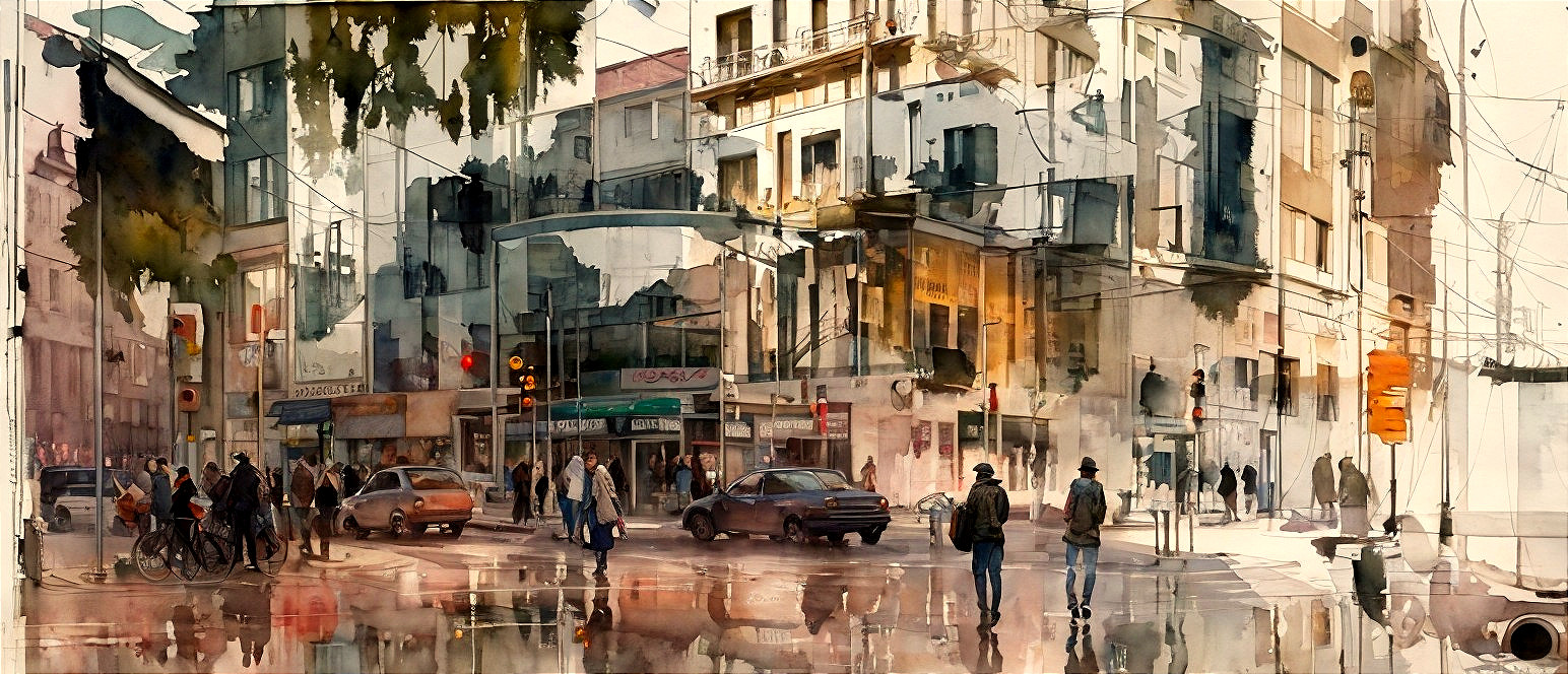 Vibrant City Scene with Pedestrians and Traffic