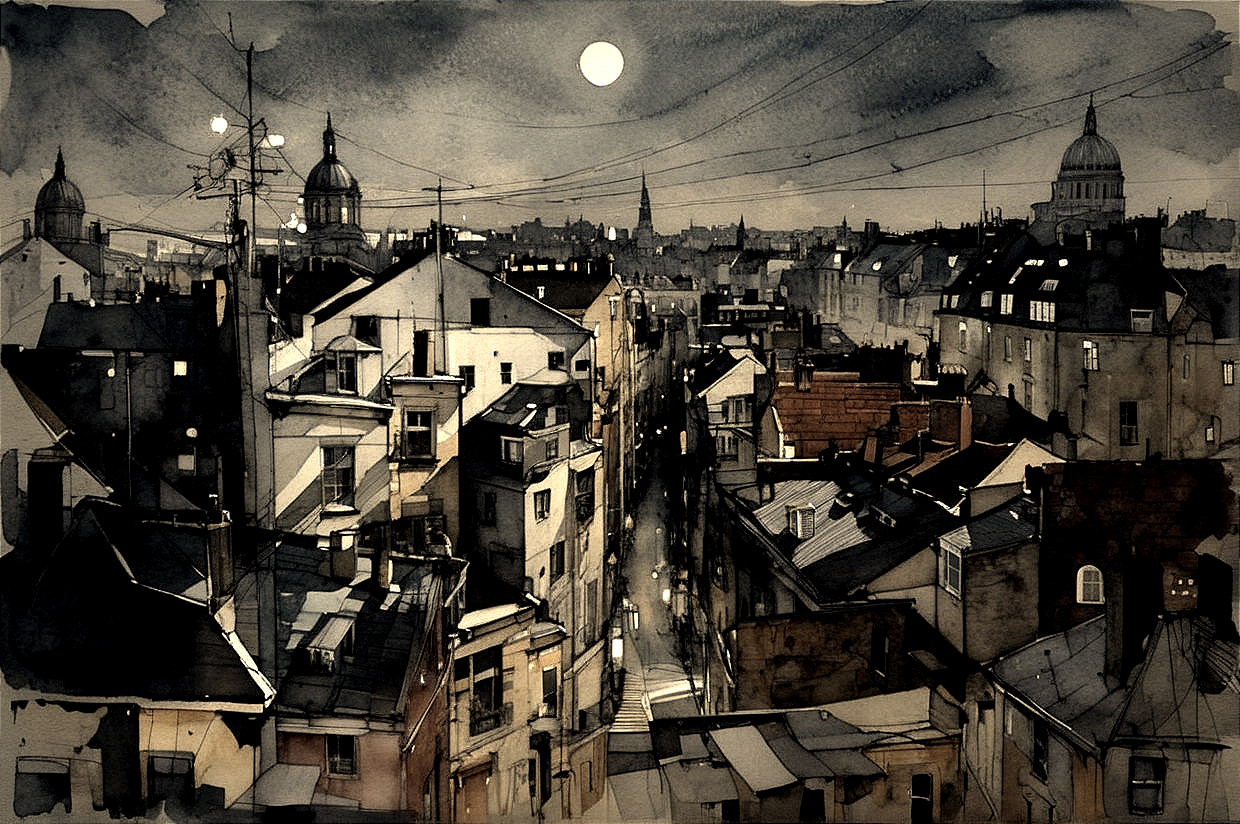 Serene Night Cityscape with Rooftops and Moonlight