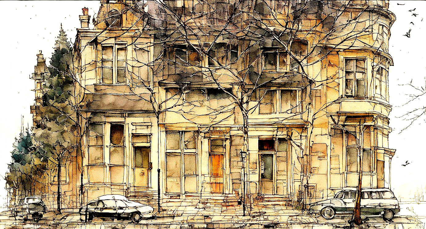 Illustrated Urban Scene of a Quaint Multi-Storey Building
