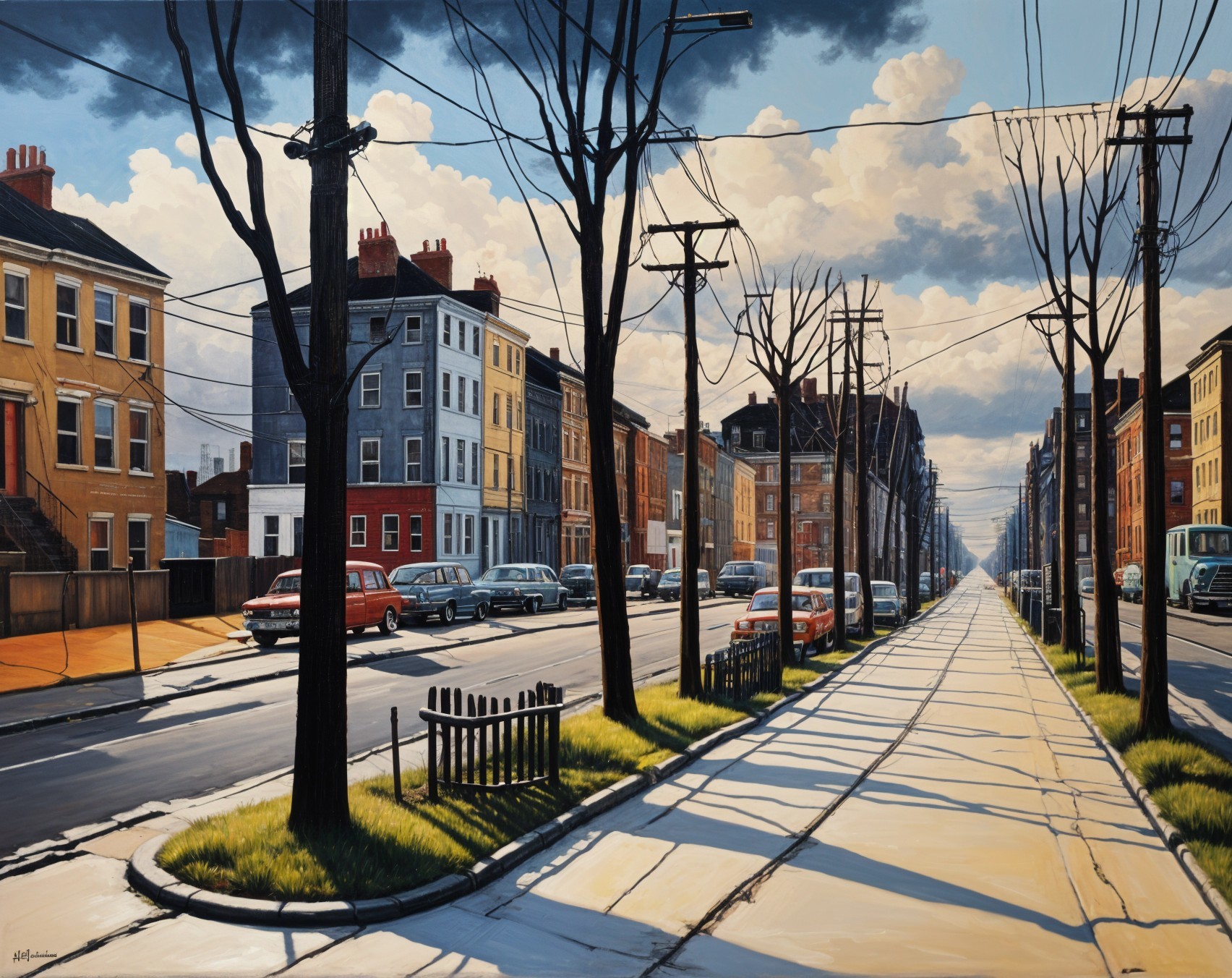 Vibrant city street with trees, houses, and vintage cars