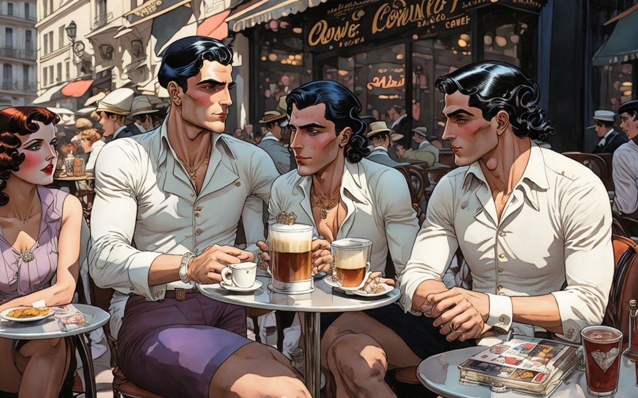 Parisian Café Scene with Stylish Men and Vintage Attire