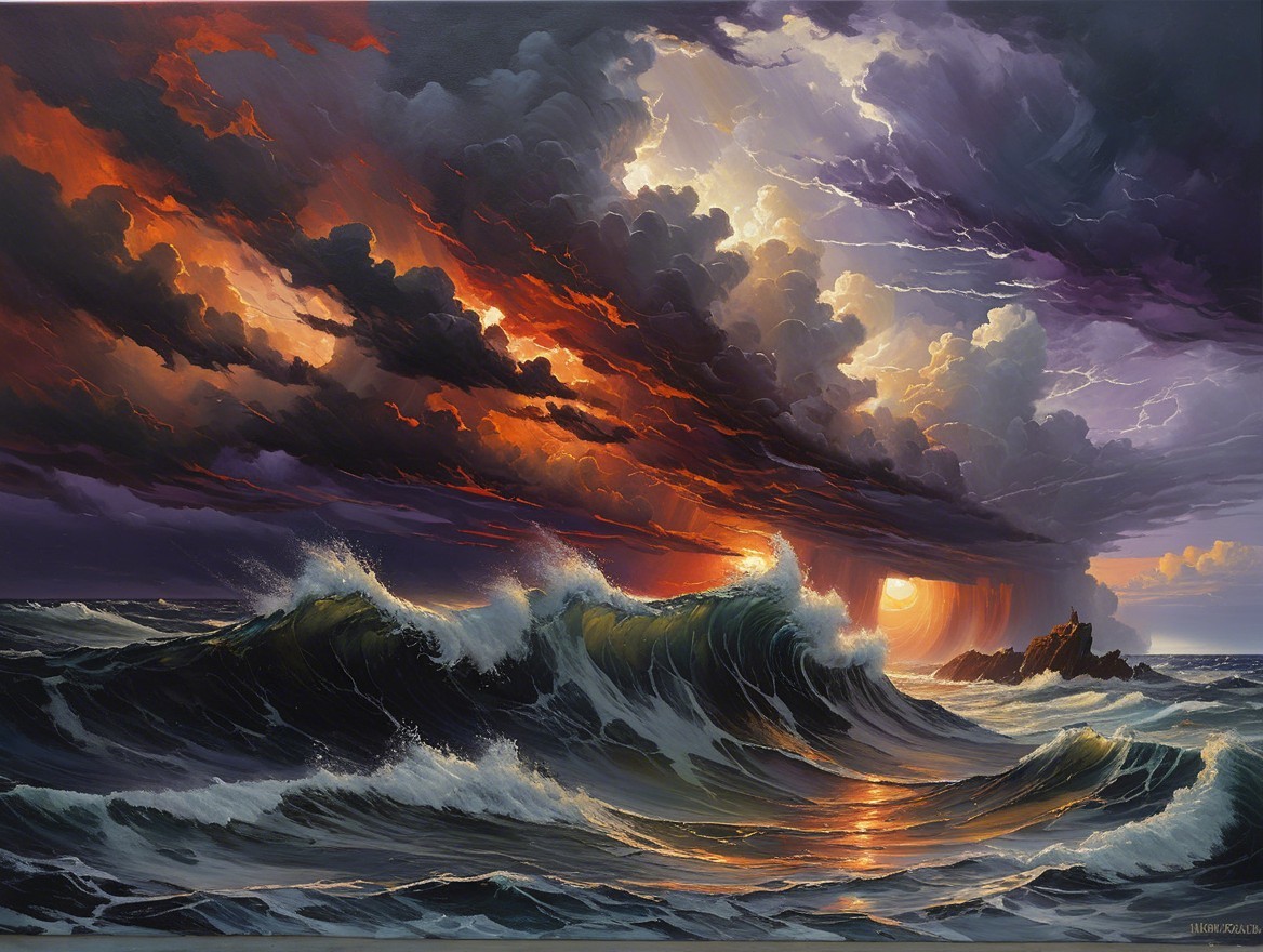 Dramatic Seascape with Waves and Fiery Sunset