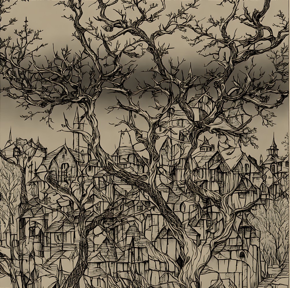 Detailed sketch: Gnarled trees and Gothic buildings intertwine.