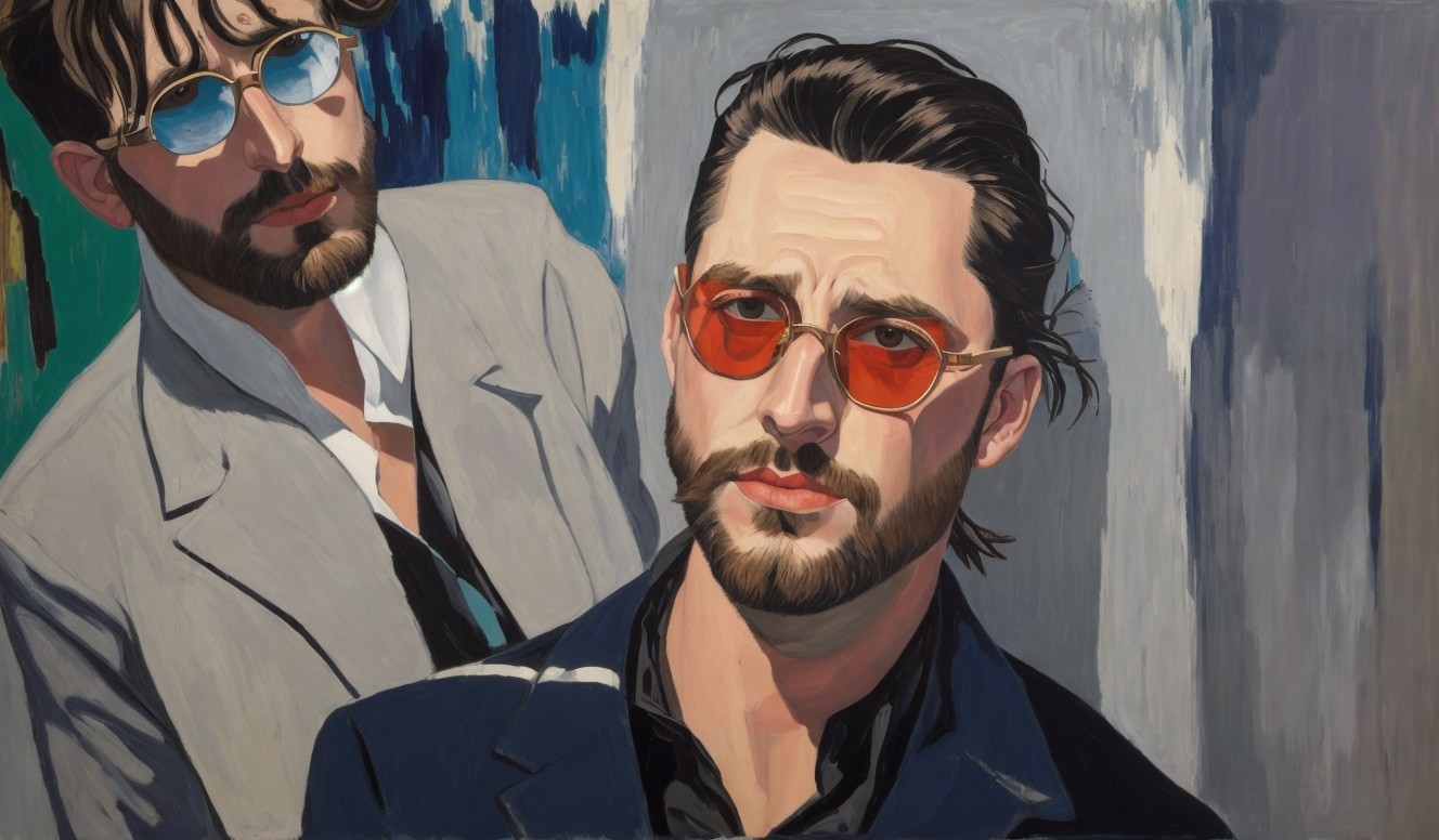 Stylized Figures in Sunglasses with Abstract Background