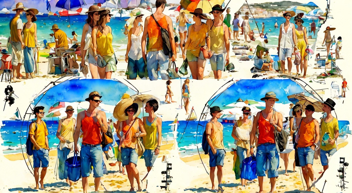 Vibrant Watercolor Beach Scene with Abstract Figures