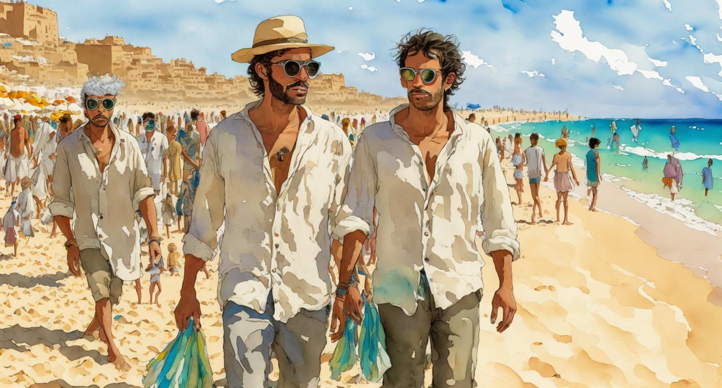 Two men in sunglasses walk on a sandy beach with crowds