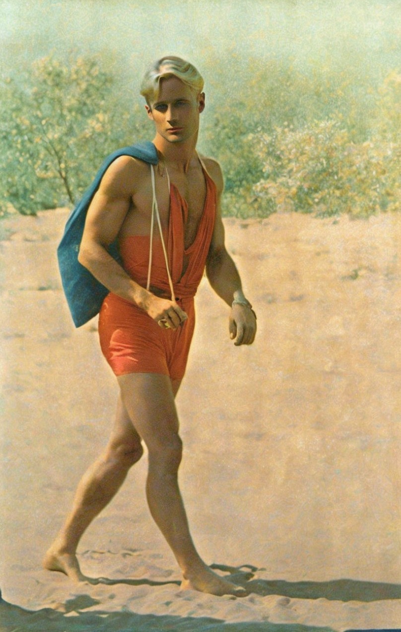 Muscular Young Man in Red Swimsuit on Beach