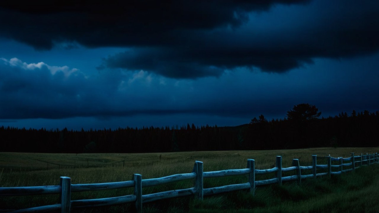 Serene Landscape with Dark Sky and Wooden Fence