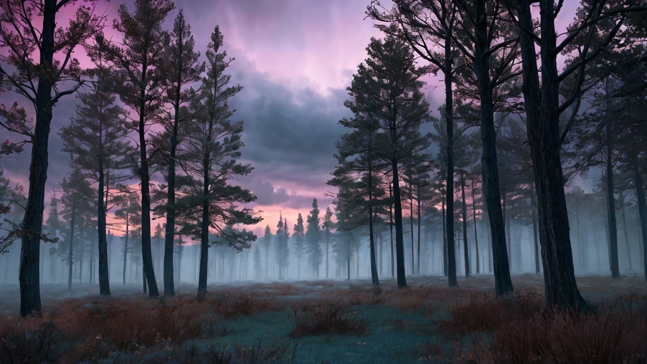 Serene Twilight Forest Landscape with Silhouetted Trees