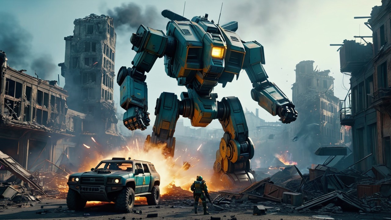 Post-Apocalyptic Scene with Robot and Burning Vehicle