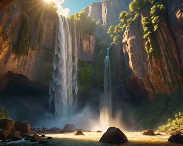 Majestic Waterfalls in Lush Green Landscape