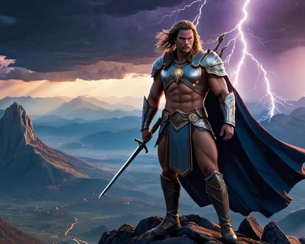 Warrior in Golden Armor on Mountain Peak with Storm Clouds