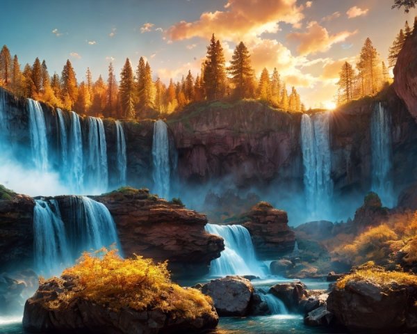 Cascading Waterfalls Amidst Autumn Foliage and Sunlight
