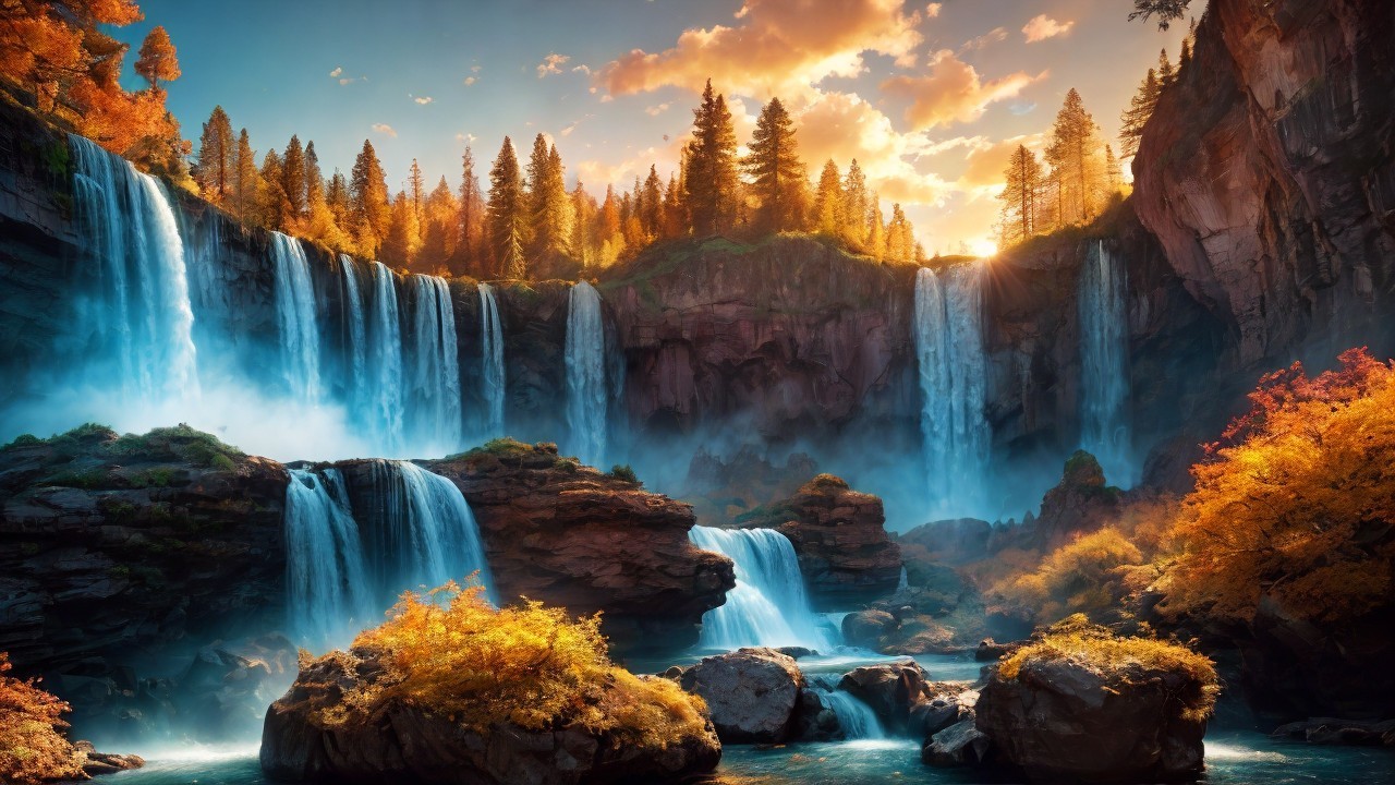 Cascading Waterfalls Amidst Autumn Foliage and Sunlight