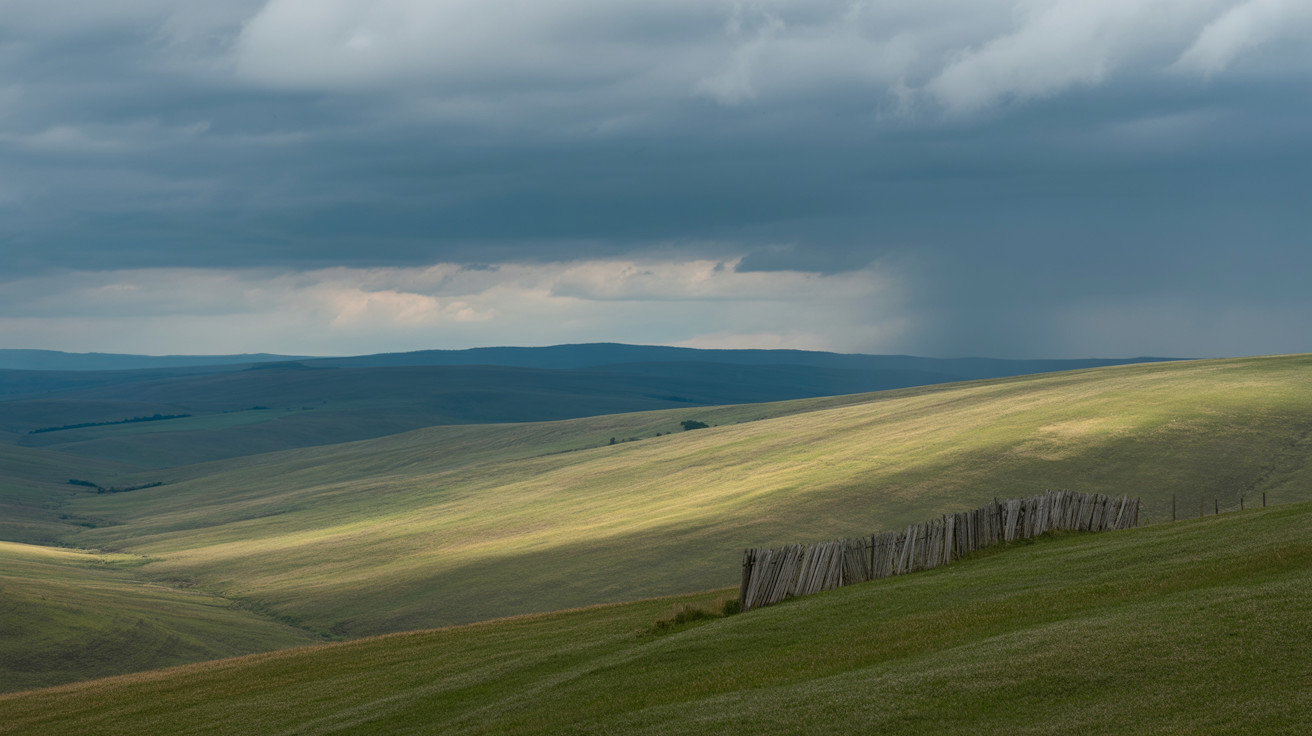 Rolling Green Hills Under Dramatic Cloudy Sky