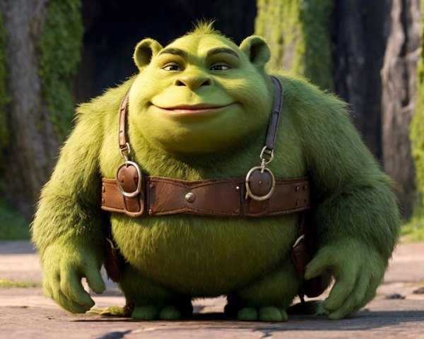 Cheerful Green Ogre in Enchanted Forest Setting