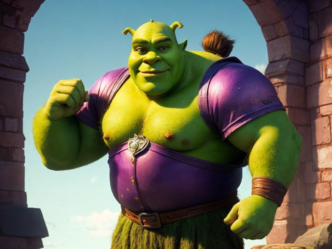 Green Ogre in Purple Vest Against Fairy-Tale Backdrop