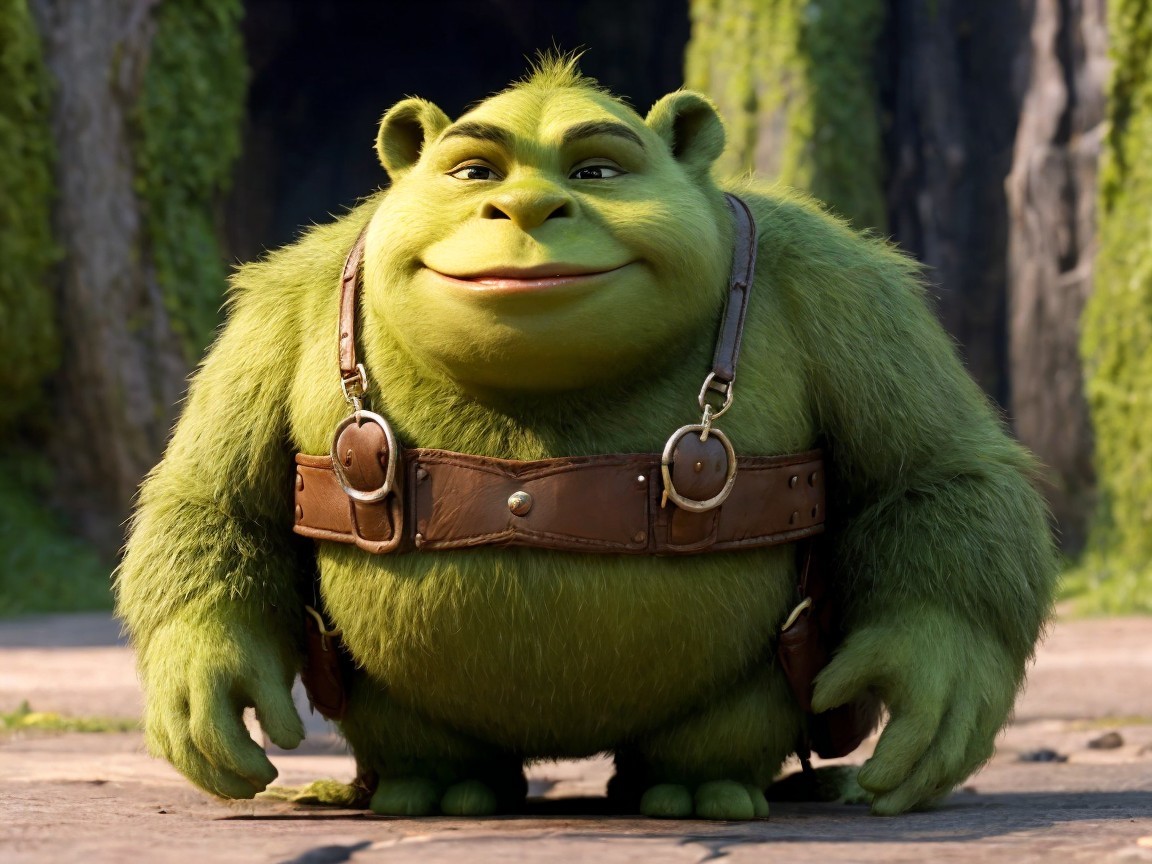 Cheerful Green Ogre in Enchanted Forest Setting