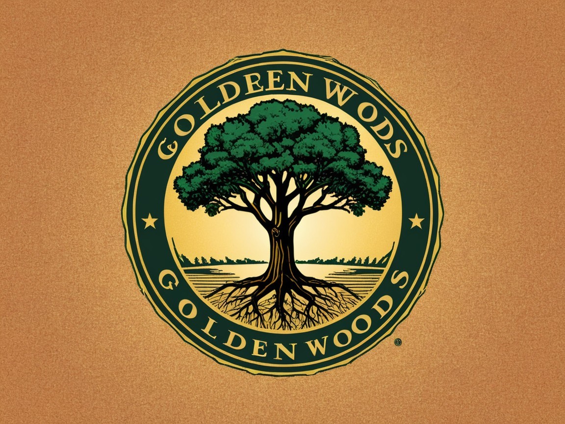 Circular logo design of Golden Woods with tree motif