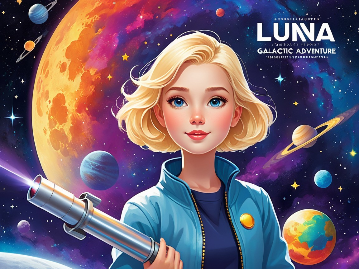 Young Girl with Telescope in Colorful Cosmic Scene