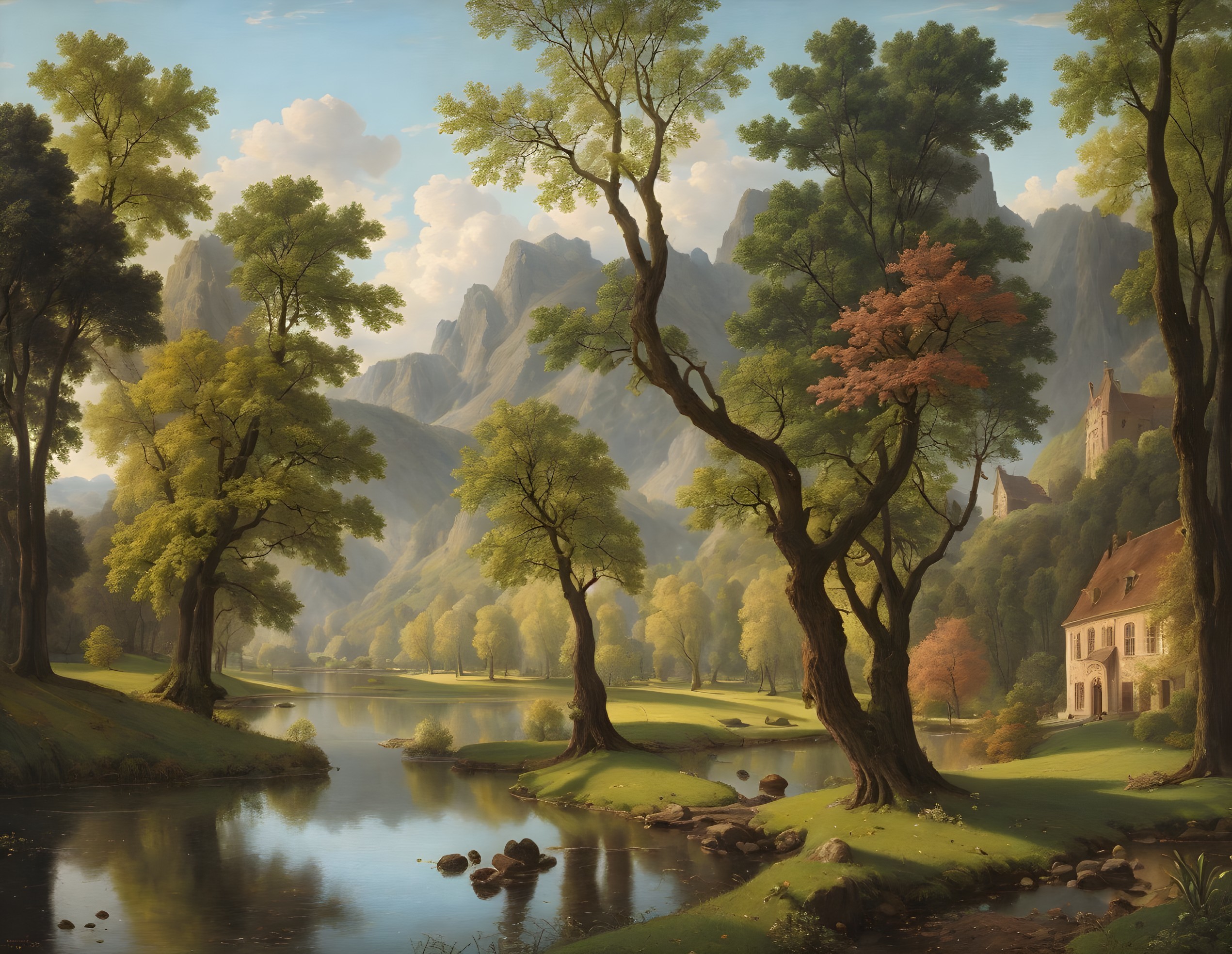 Tranquil landscape with green trees, river, castle, and mountains