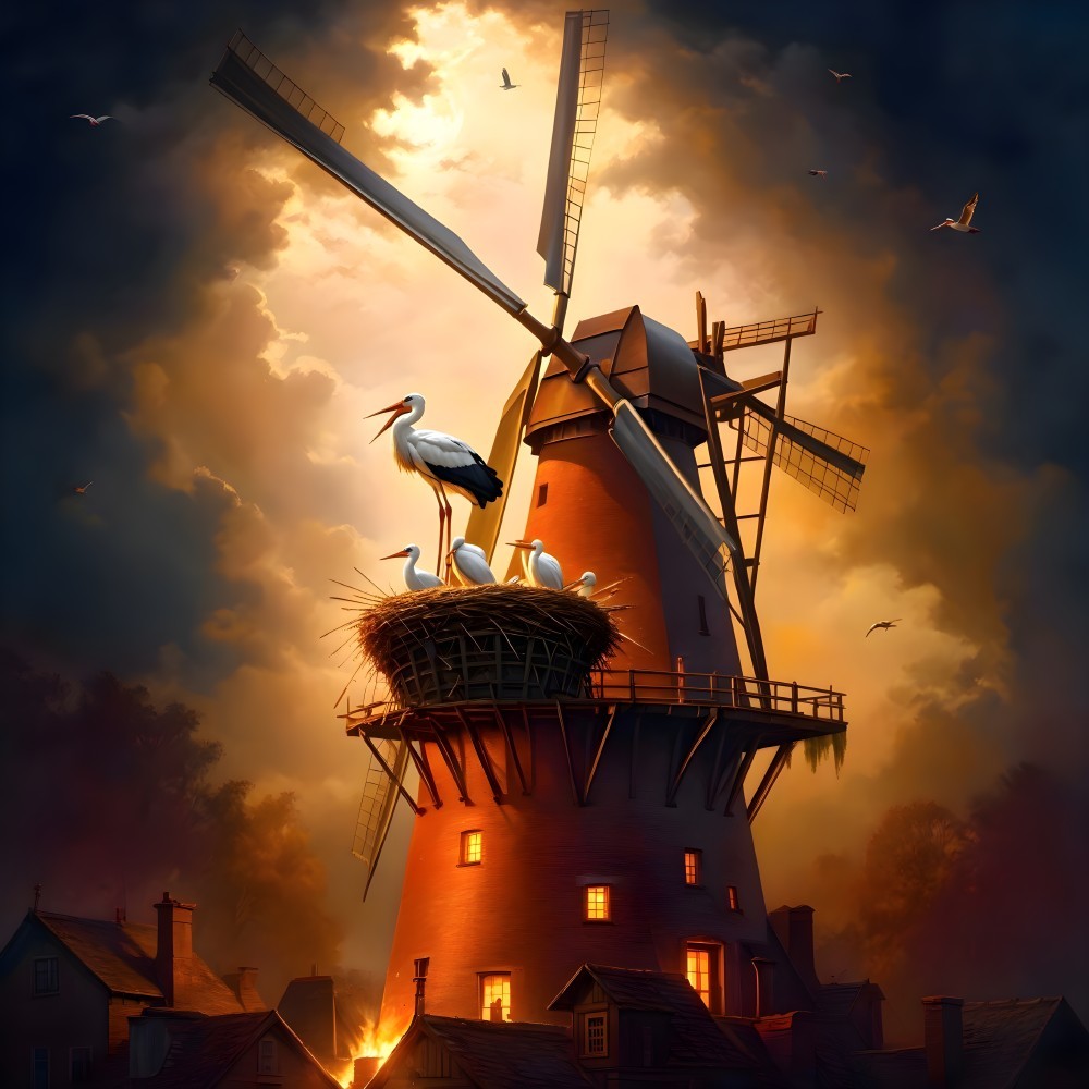 Majestic Windmill at Sunset with Storks and Birds
