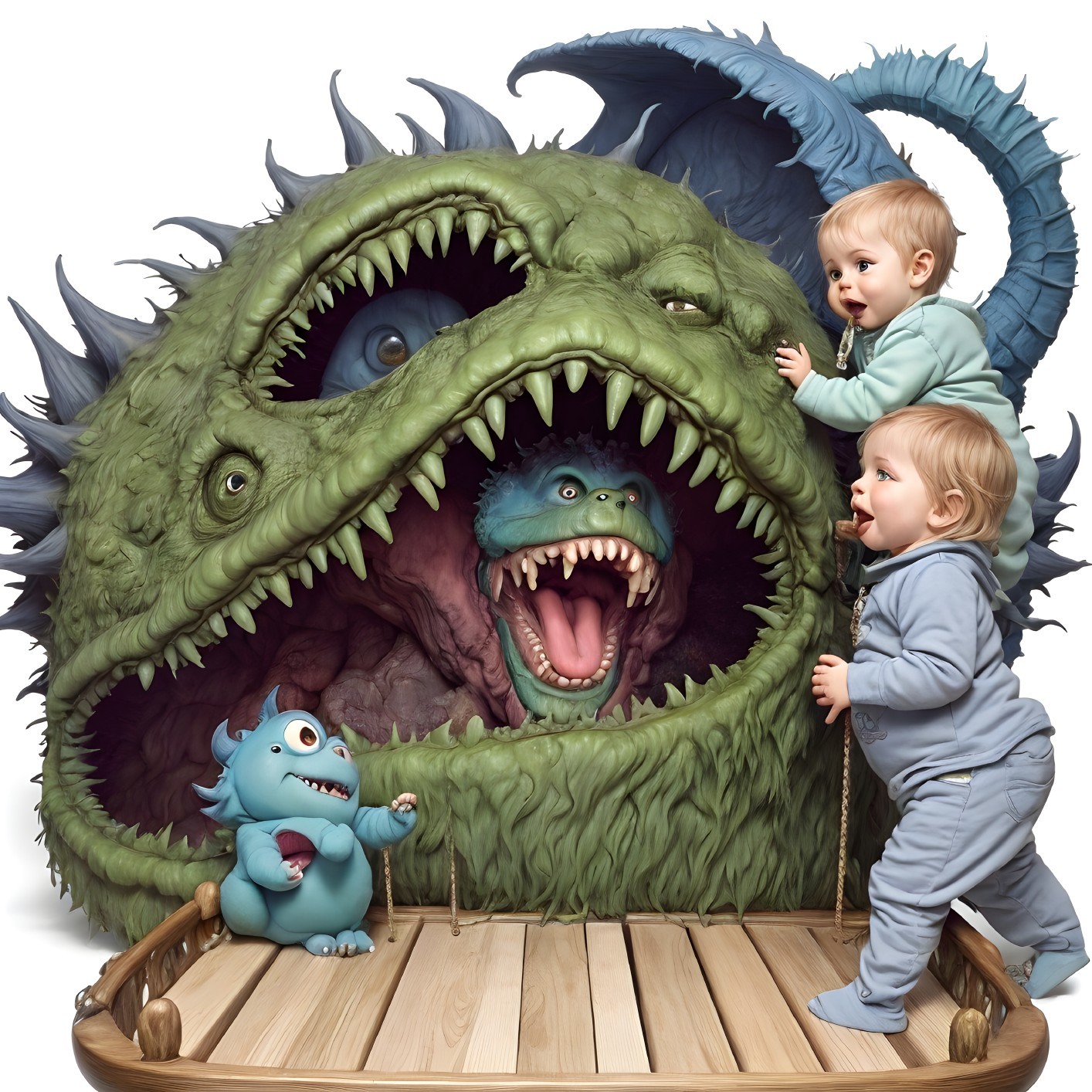 Toddlers Playing Near Whimsical Oversized Creature