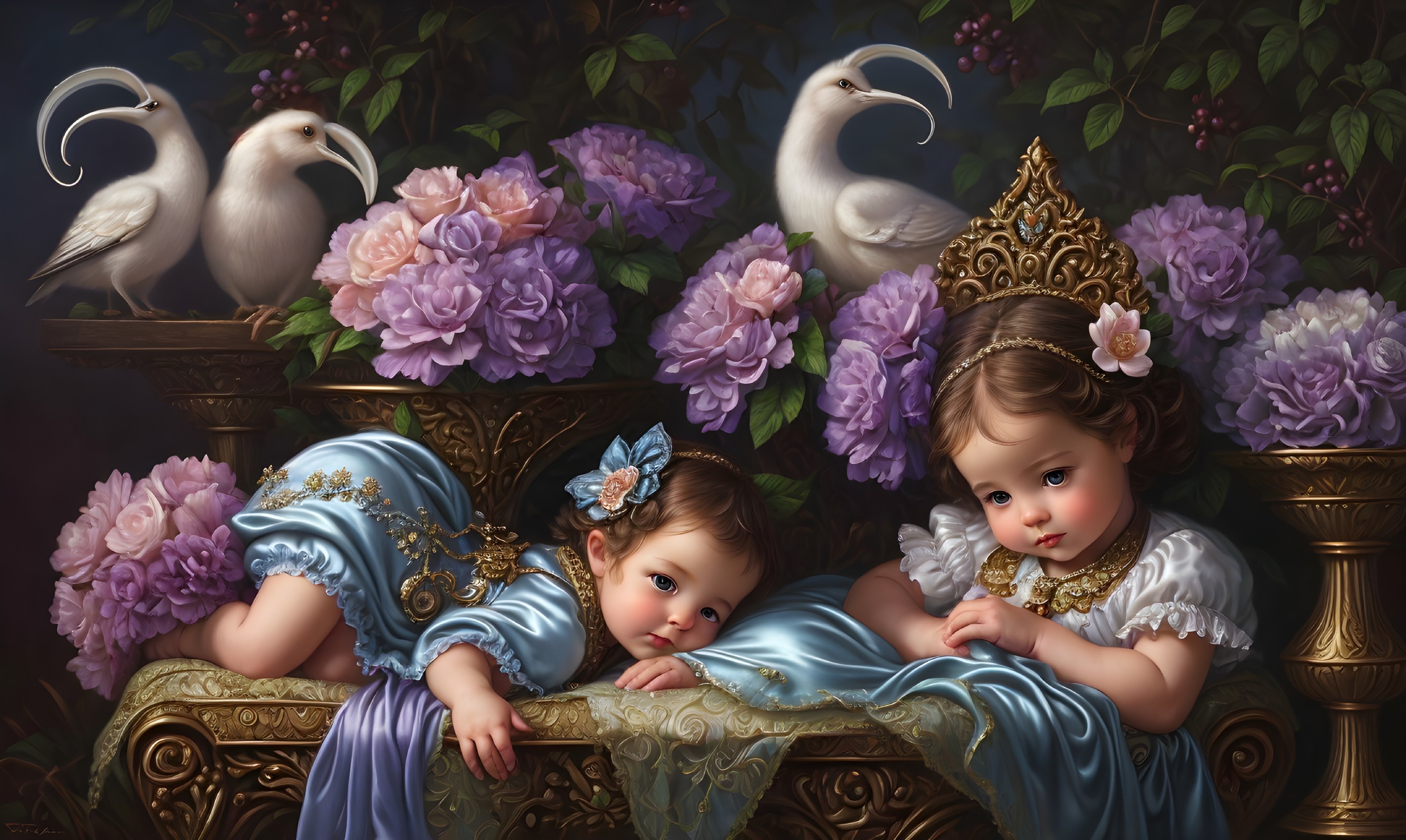 Cherubic Children Resting on Ornate Table with Roses