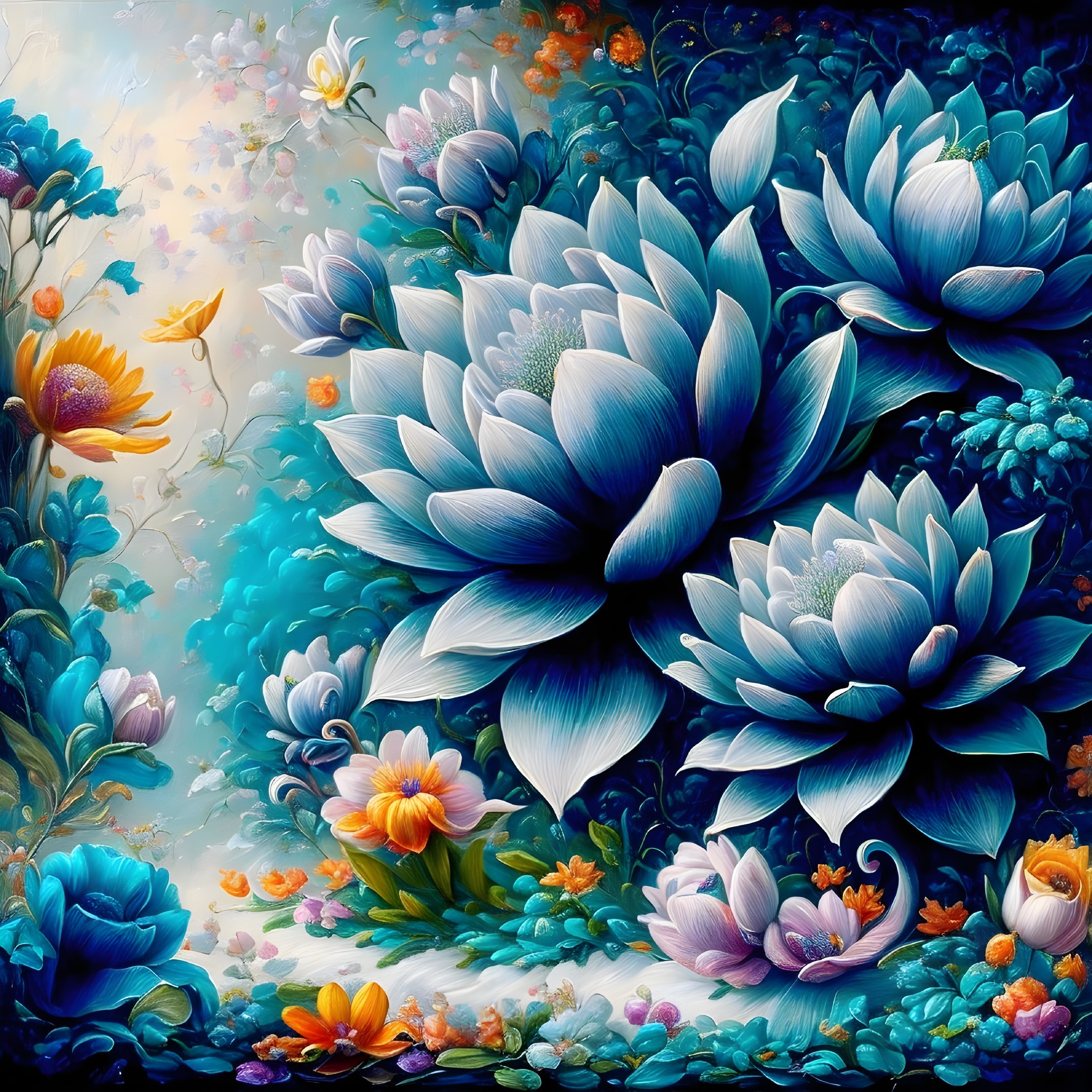 Vivid Dreamy Garden with Blooming Water Lilies