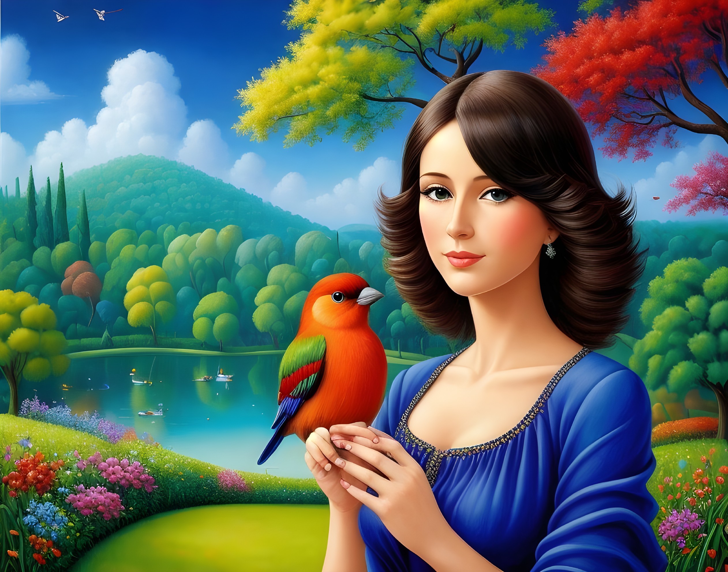 Woman in Blue Dress with Orange Bird in Lush Landscape
