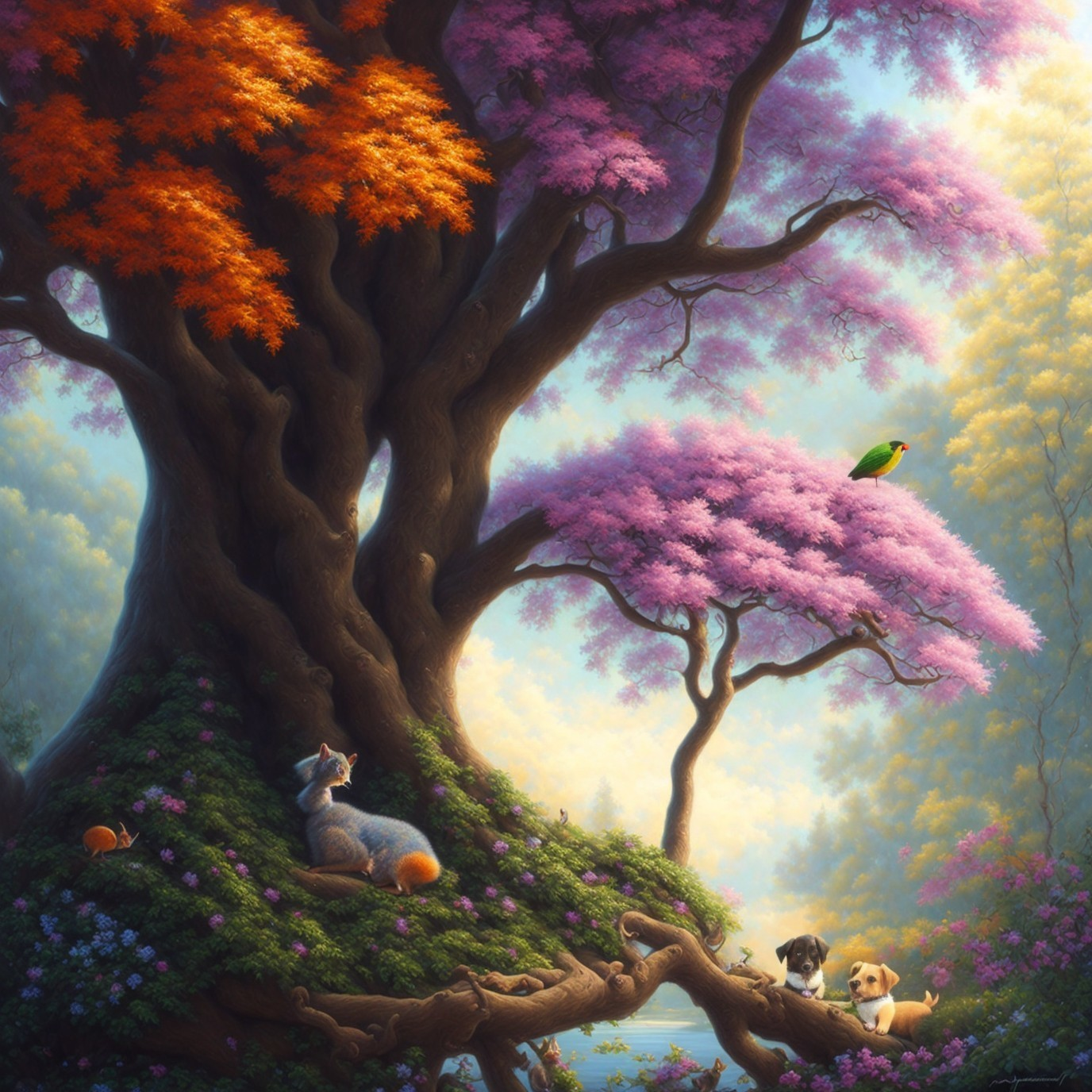 Colorful forest scene with animals in serene atmosphere