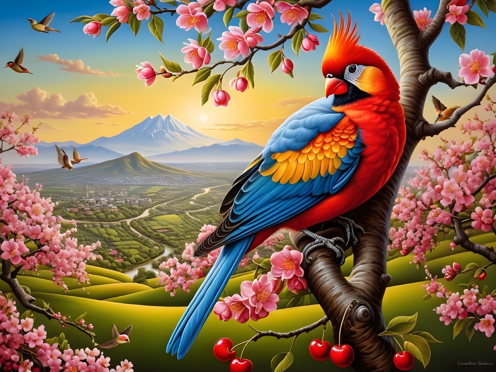 Parrot on Cherry Blossom Branch with Mountain Sunset