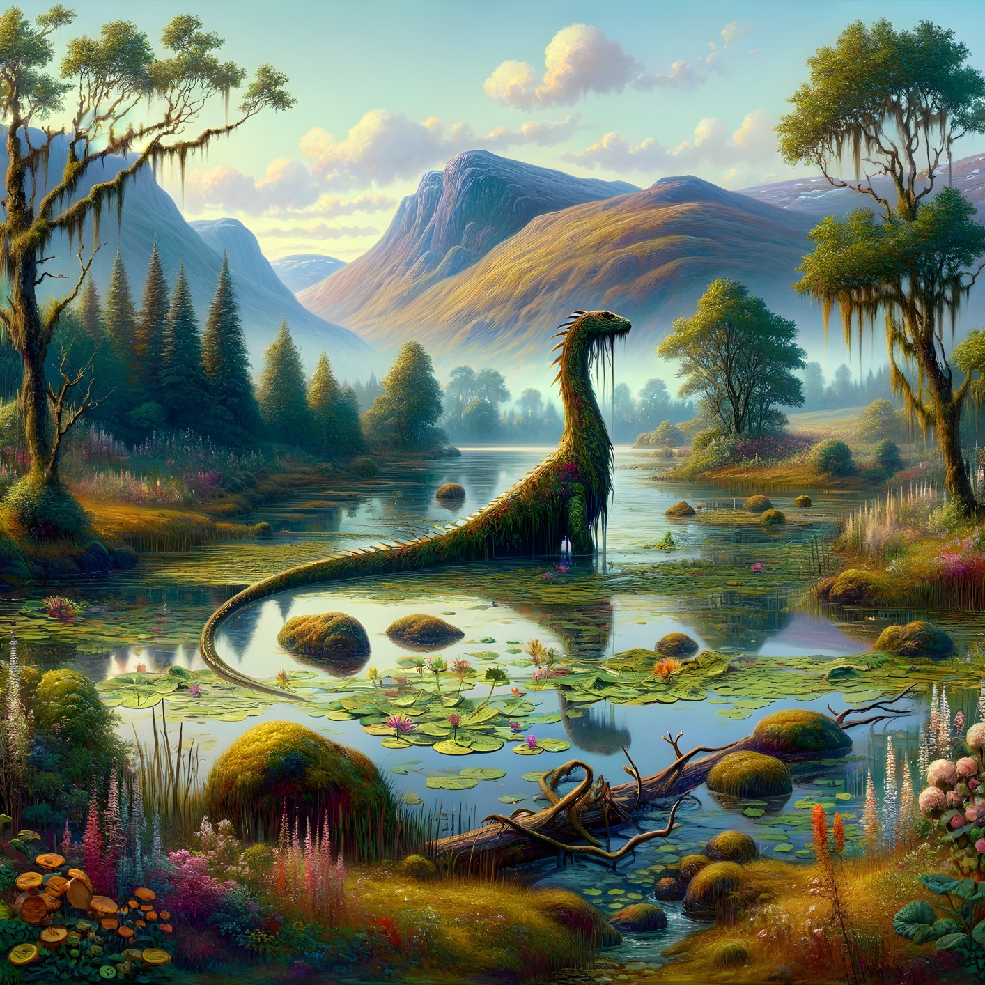 Tranquil Lake with Dinosaur-like Creature and Mountains