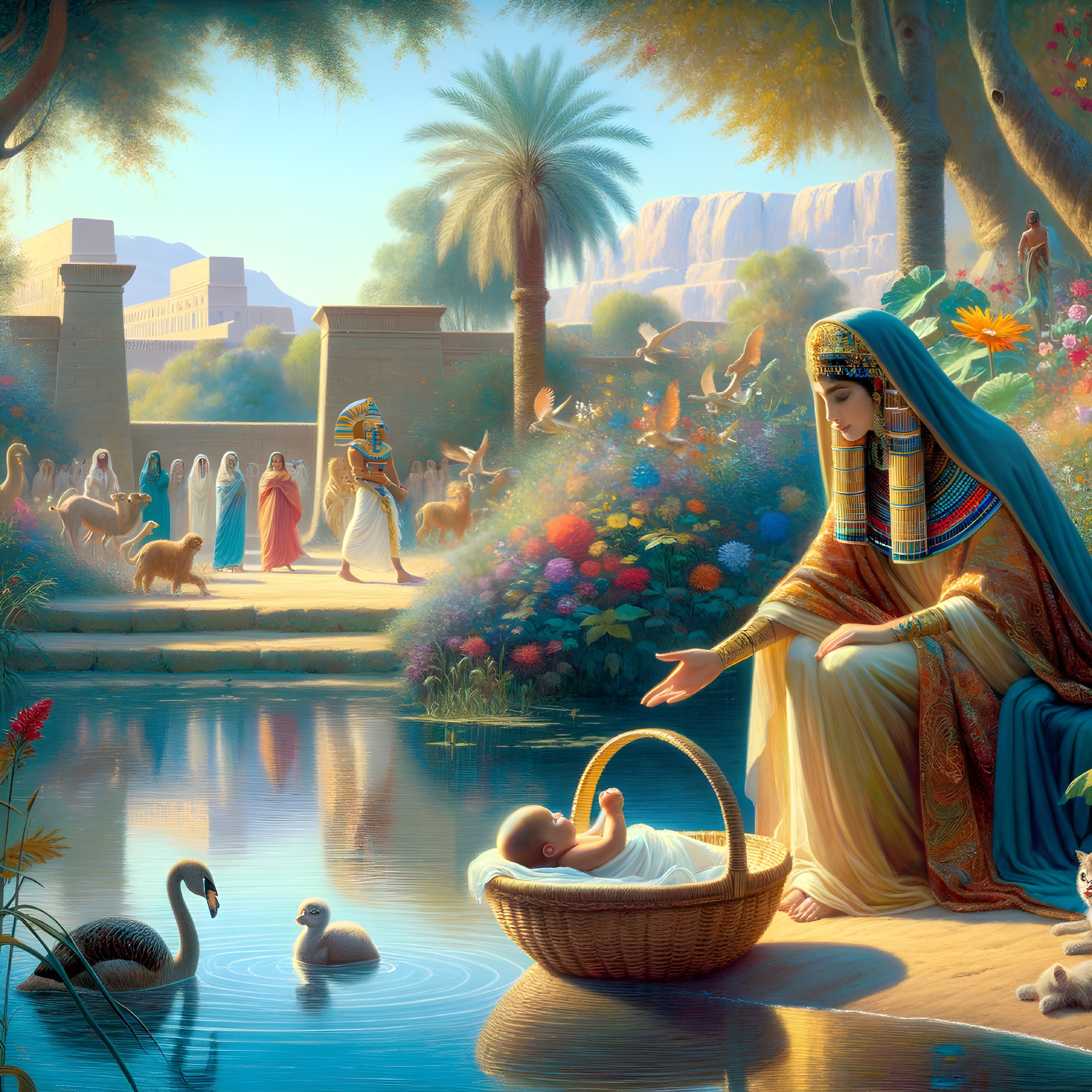 Ancient Egyptian woman finding baby by riverbank in lush setting