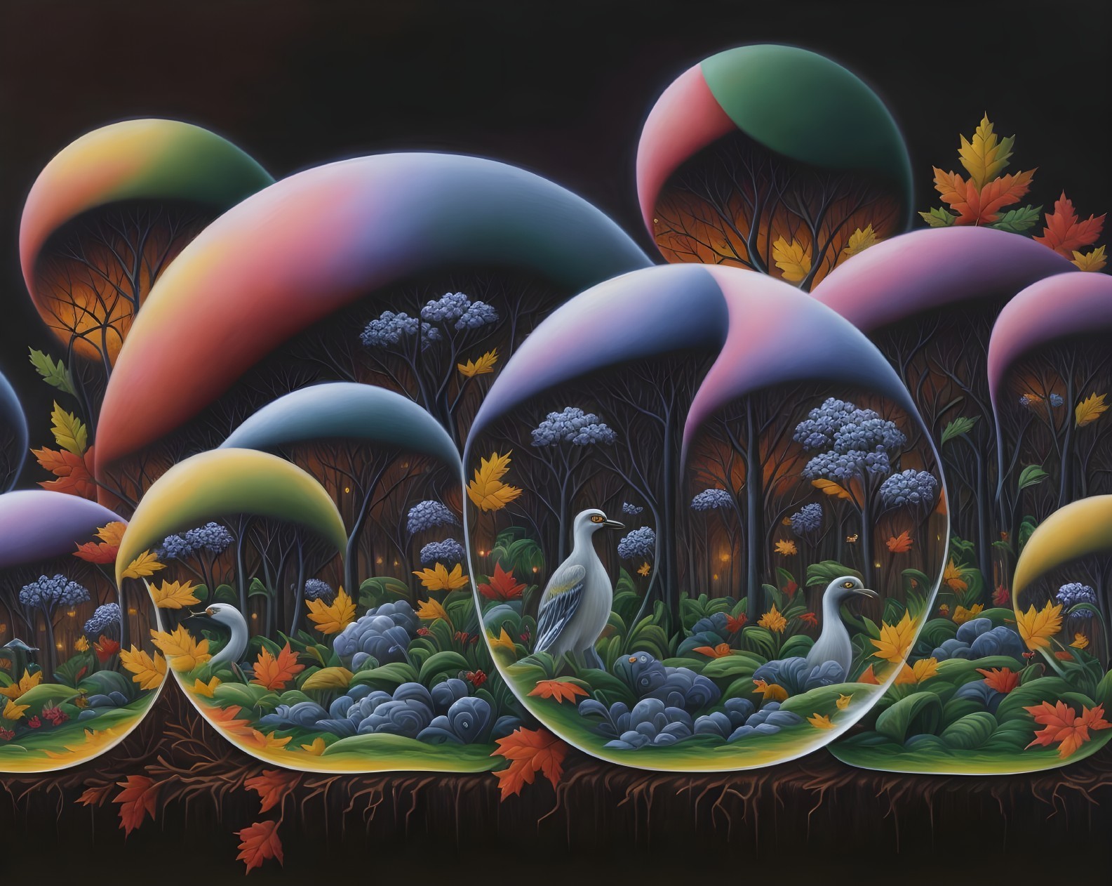 Surreal Landscape with Colorful Bubbles and Forest Scenes