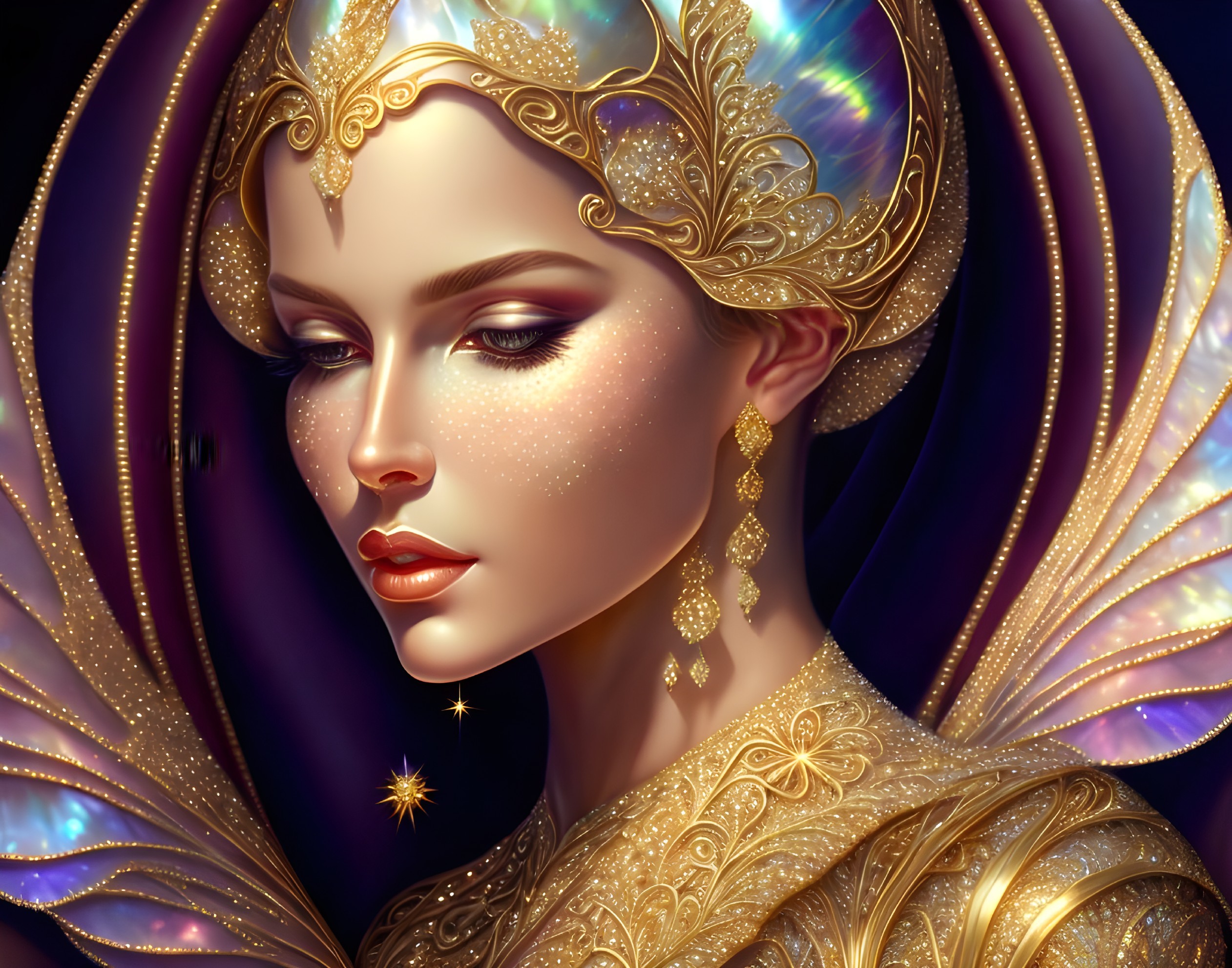 Portrait of a woman in golden jewelry and elegant attire