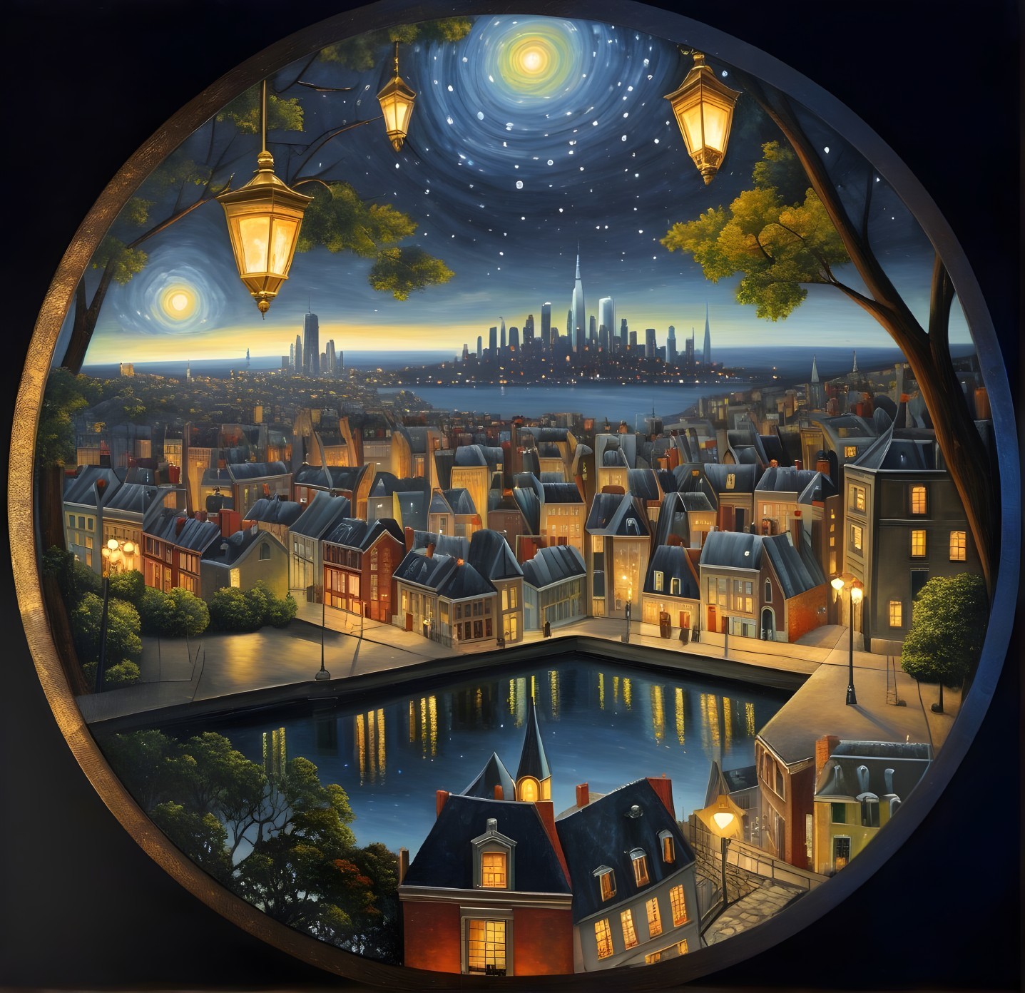 Vibrant city night scene through a circular window frame