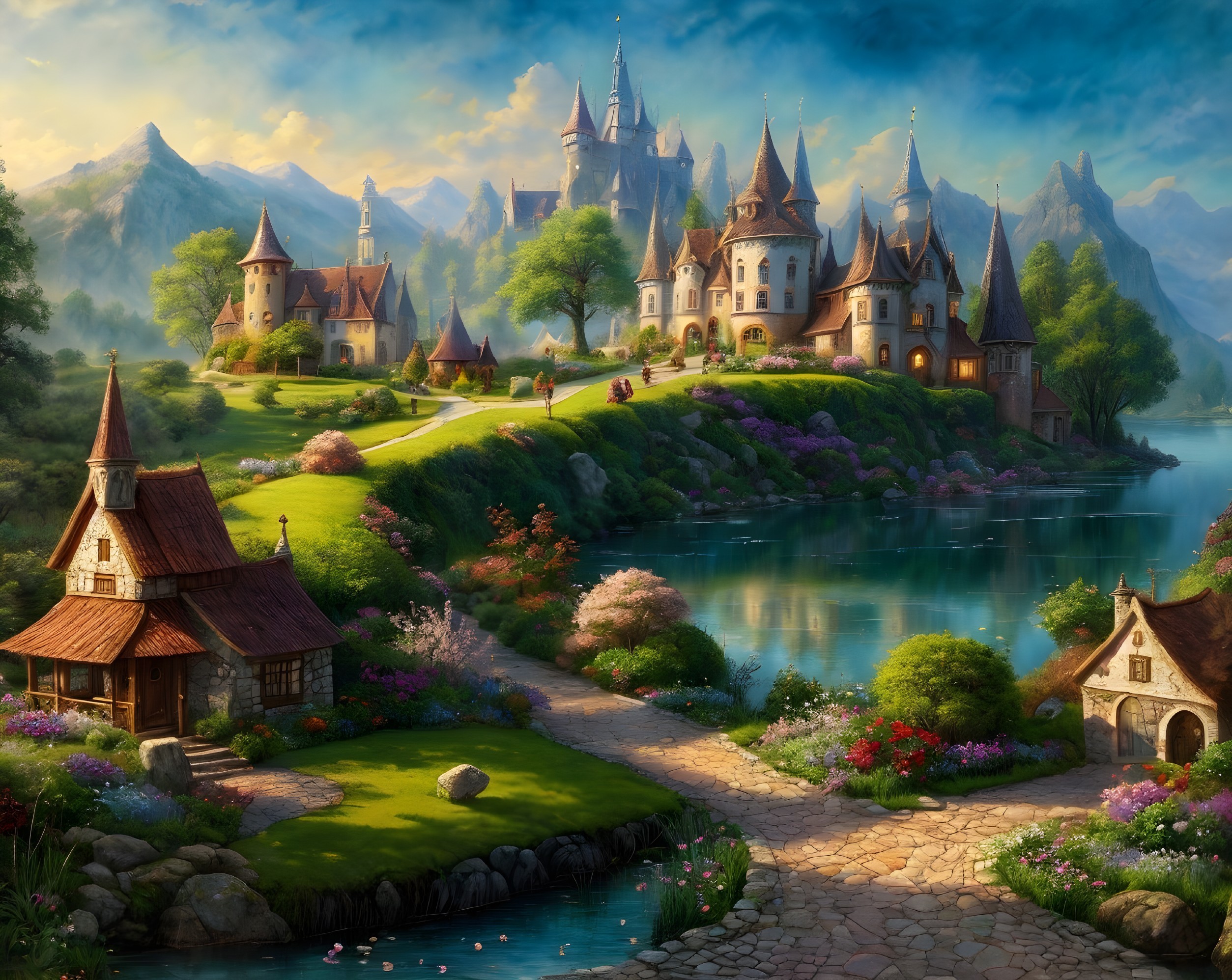 Fantasy Landscape with Lake, Cottages, and Castles