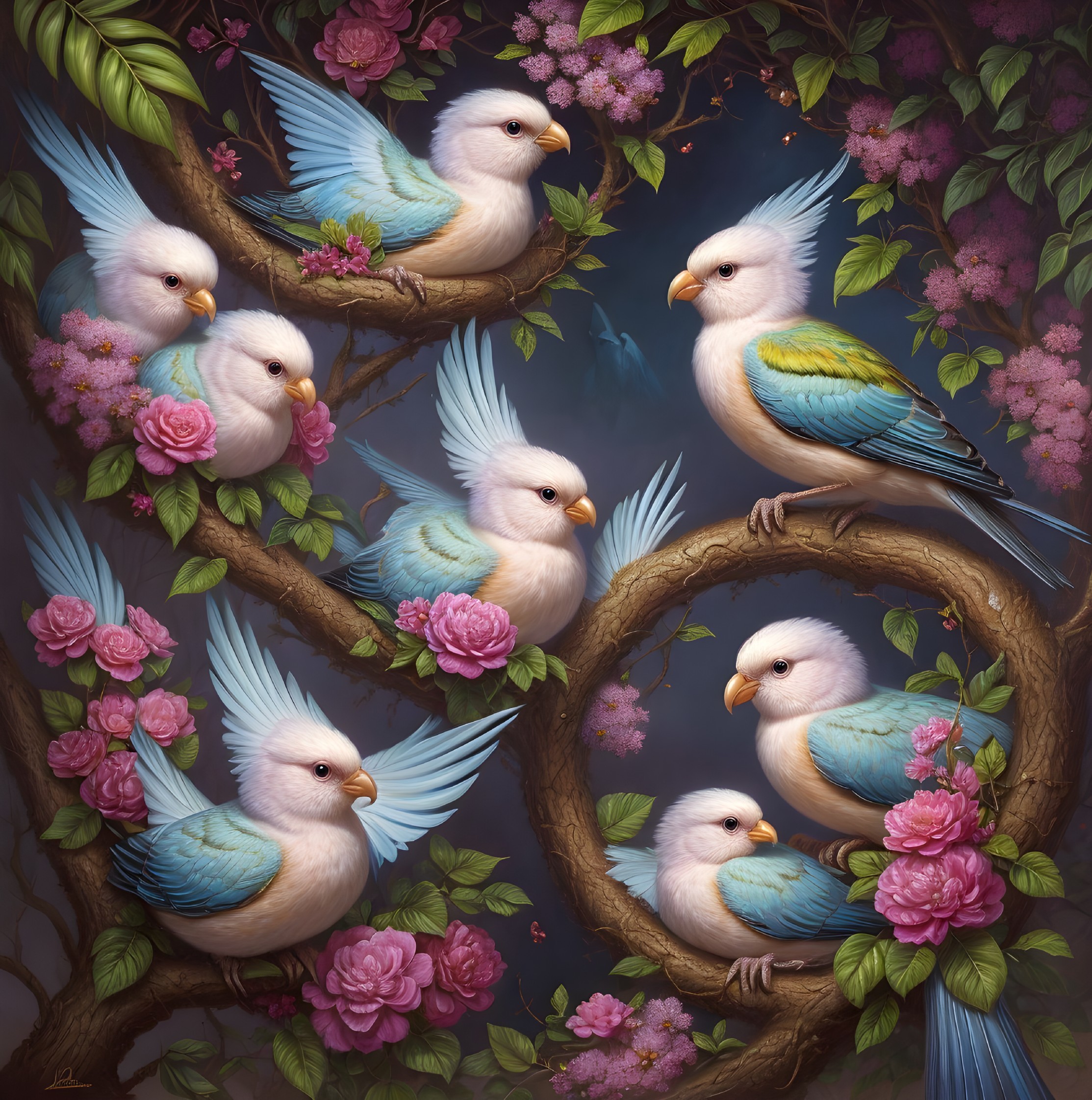 Whimsical Illustration of Colorful Birds and Flowers