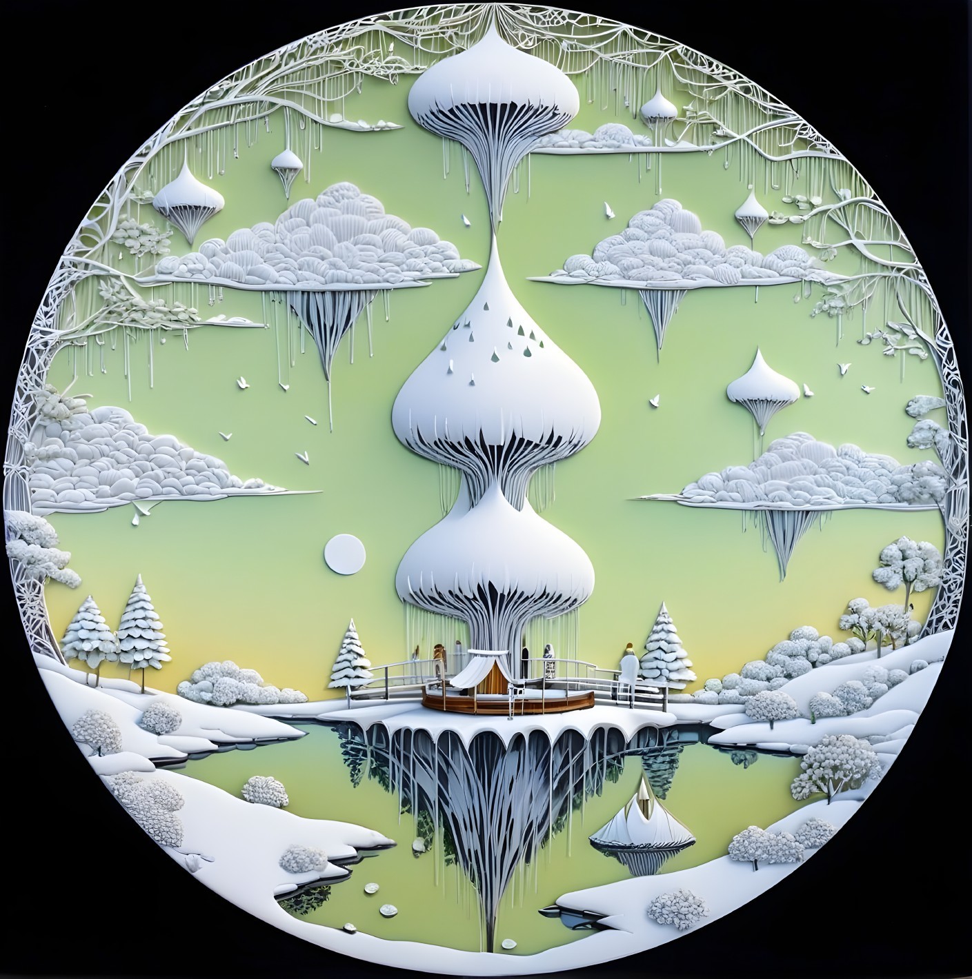 Whimsical Layered Landscape with Snow-Covered Peaks