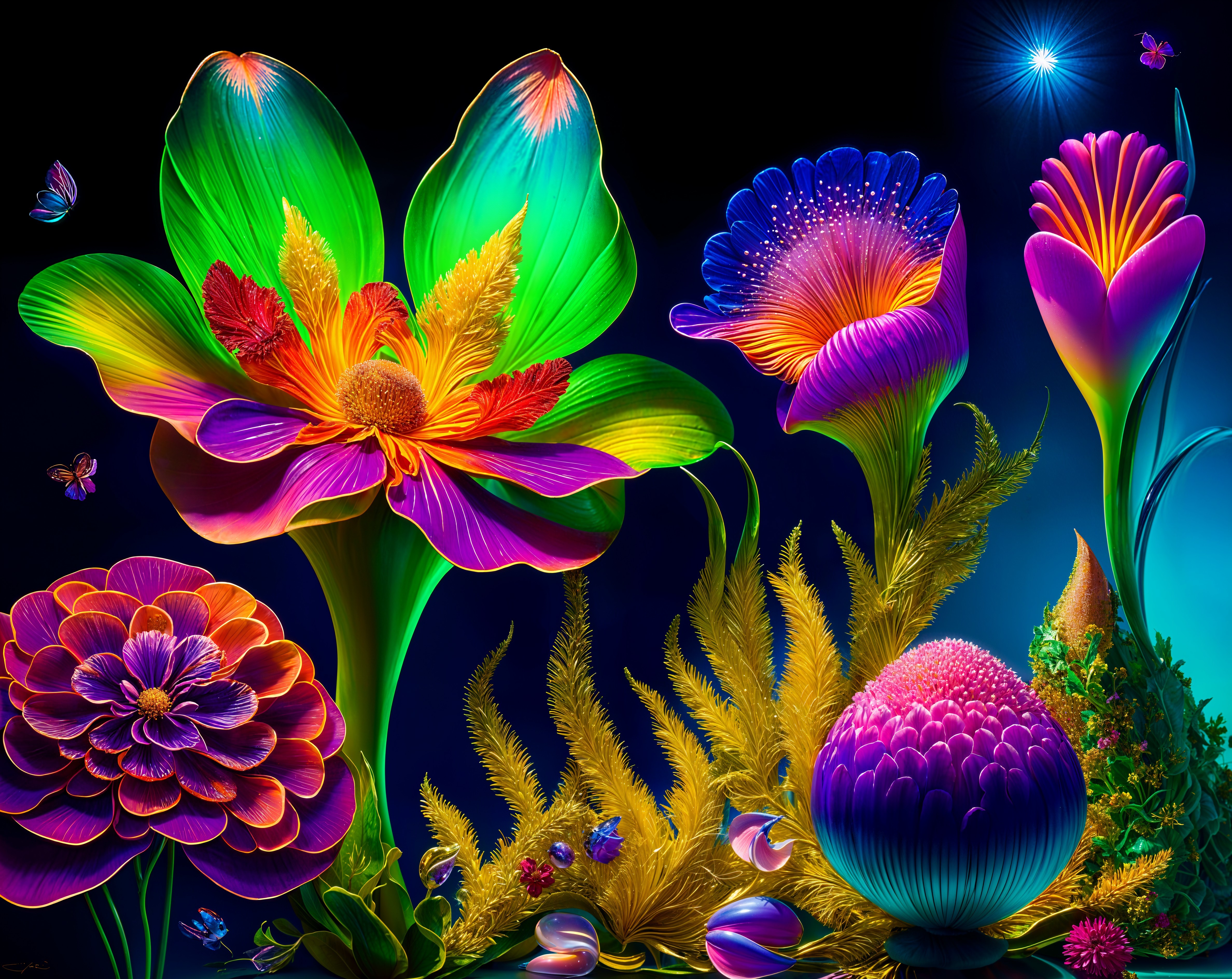 Vibrant Fantastical Flowers in Surreal Garden Scene