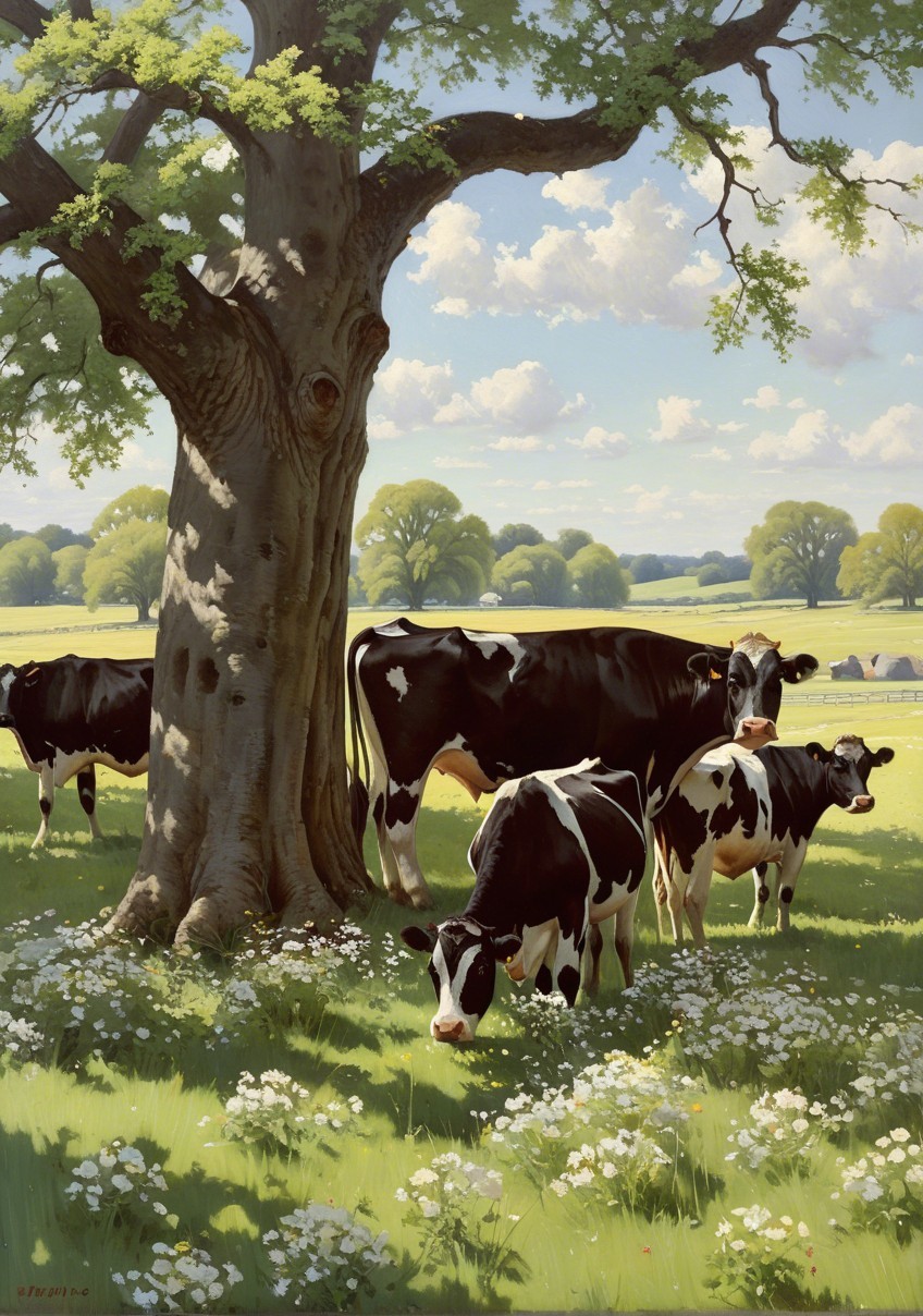 Pastoral Scene with Cows Grazing Under a Tree