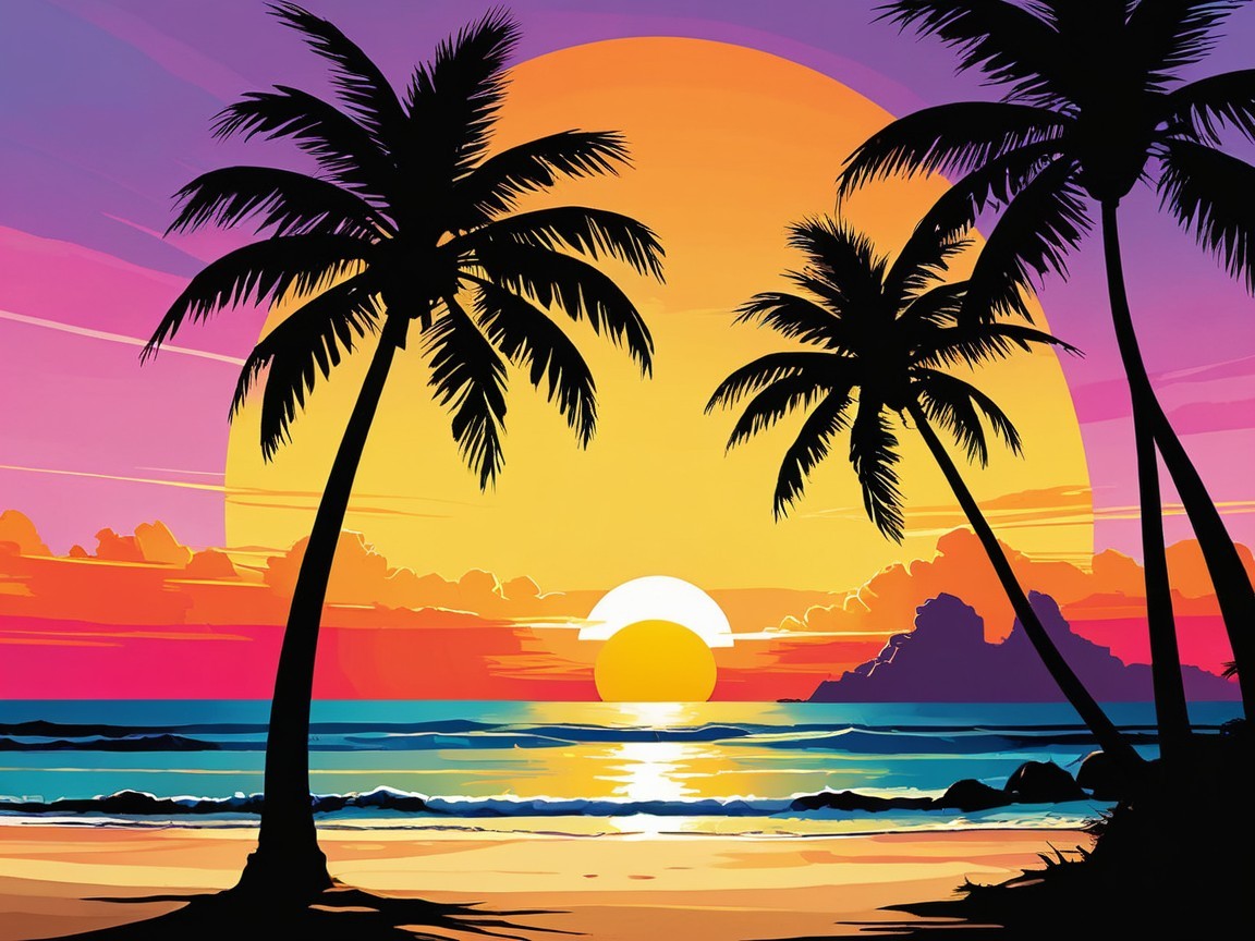 Vibrant Sunset Over Ocean with Silhouetted Palm Trees