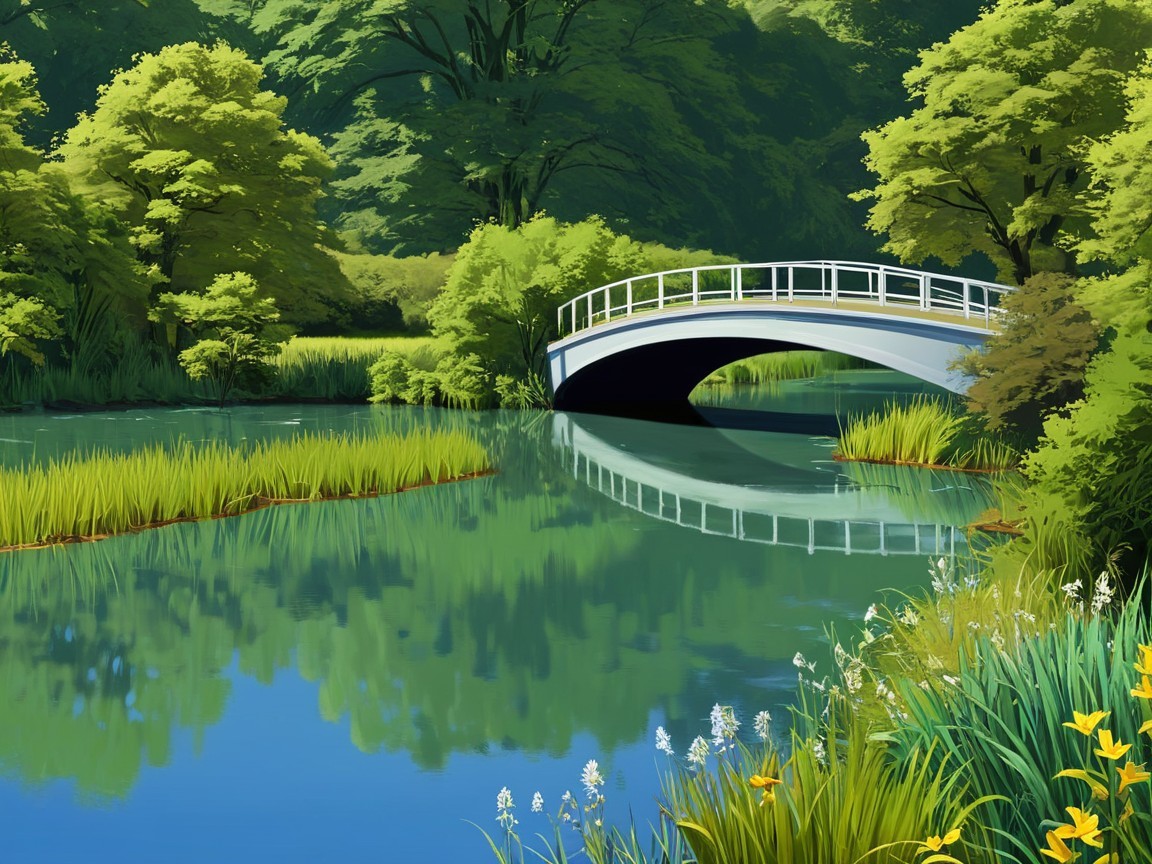 Serene River Landscape with White Bridge and Wildflowers